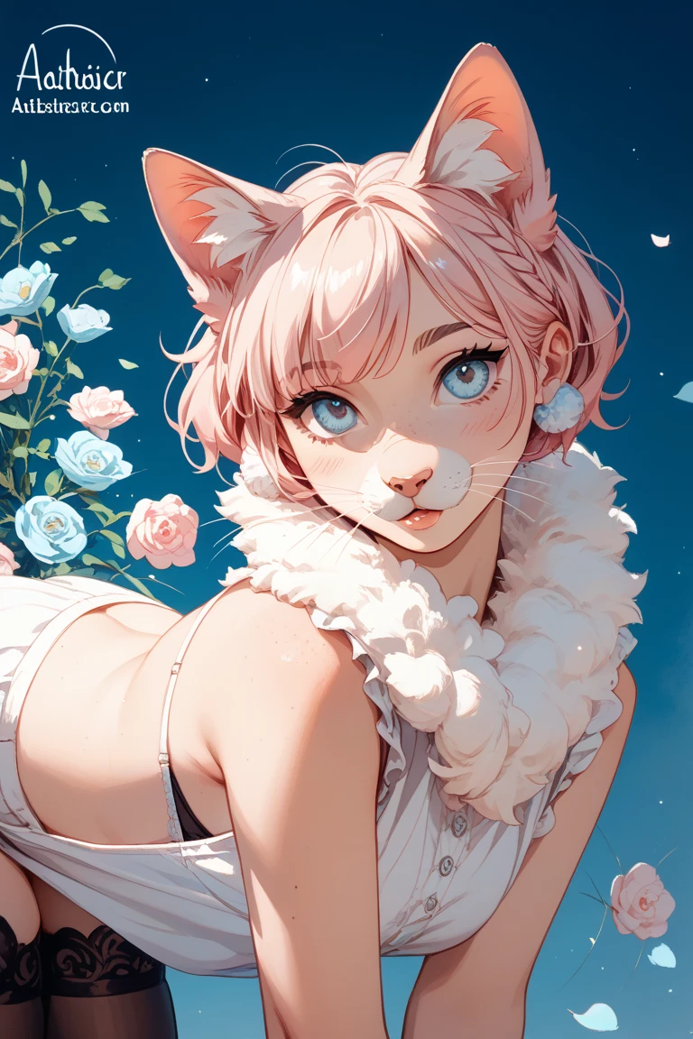 score_9, score_8_up, score_7_up,source_anime, high res image,masterpiece,best quality,girl,cute face,clear skin,white hair,short hair,pink eyes,inner_hair_pink,cleavage,cat_ears,