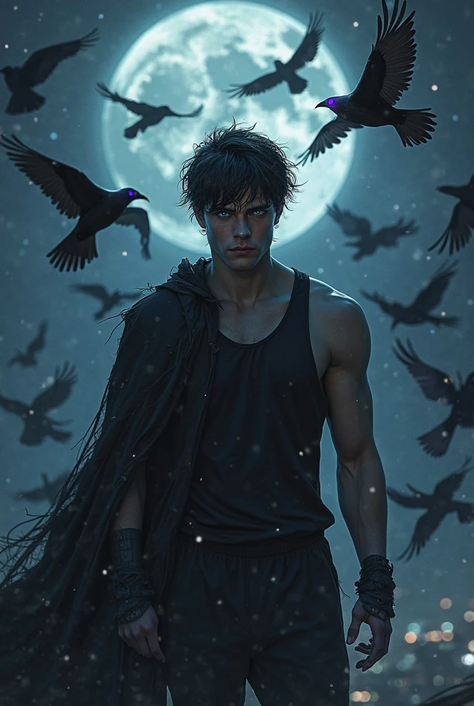 A sexy young male with long black hair, teal blue eyes with tight, shiny, gothic clothing, sitting under the moonlight. And looking at the moon. (((Gloomy atmosphere))) ((gloomy))) (((unhappy))) (((despair))) Surreal, Insanely detailed, Detailed face, extremely detailed texture, Ultra Detail, Detailed face. Exquisite details and textures, no facial or body hair. ((Depressed)) ((smooky)) (((heavy rain)) ((rainy)))) (((cold))) (((forest)))