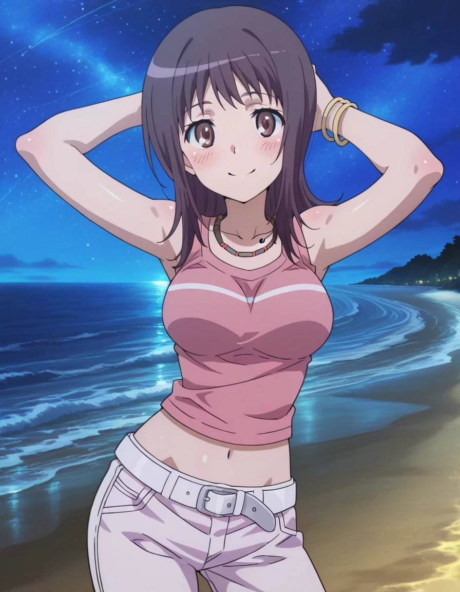 itsuwa, anime screencap,
bracelet, shirt, sleeveless, sleeveless shirt, breasts, blush, medium hair, brown eyes, pink shirt, long hair, necklace, medium breasts, crop top, collarbone, white belt, Itsuwa pink shirt white pants (outfit), shiny skin, high quality, solo, cowboy shot, (contrapposto), hands behind head, closed mouth, night sky, beach, looking at viewer, smile, best quality