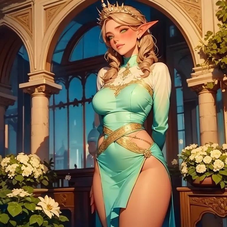 (Princess Zelda full body image/standing/foot on the floor/front:1.5), (large breasts:2), she's wearing, (black maid costume:1.3), (very short white skirt:1.3), (extremely tight outfit on body:1.5), she's inside a hotel room in front of a bookcase with a (40-inch TV:1.2), she has, (short rainbow hair:1.5), (green eyes:1.5), is smiling, light makeup on the face, (red lipstick on the mouth:1.5), looking at the viewer, (exhibitionist pose: 1.1), framed, anime, 16k, UHD, best quality, textured skin, high details, masterpiece, anatomically correct