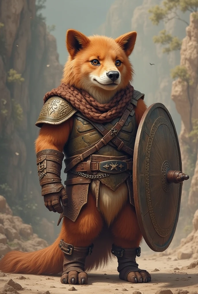 I want you to make an image of a humanoid feline holding a large shield on its left arm. Put leather armor on it.