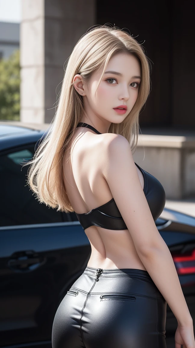 (((desi girl))), chubby face, natural fair skin, wearing hot deep neck red top and mini skirt, pierced naval, charming black long hair, ((hair ends are blonde)), huge breasts, deep cleavage, bound with chains, city streets background, beside Lamborghini, bokeh
