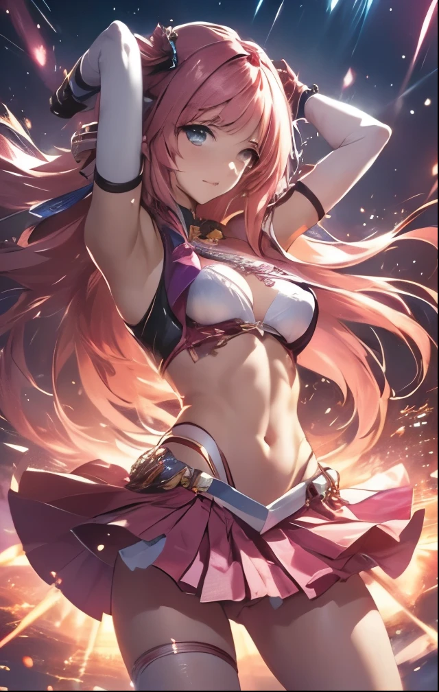 (masterpiece:1.2), (best quality:1.2), girl, solo, long hair, open mouth, skirt, thighhighs, ribbon, navel, red hair, hairband, midriff, striped, :o, wrist cuffs, garter straps, striped thighhighs