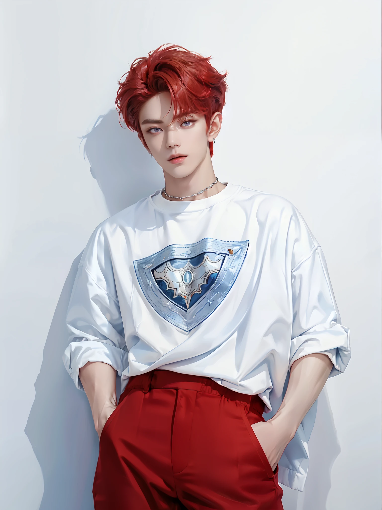 (4k)) ((  high quality foam  )) (( white background )) ((, the amber-red hair color )) ((blue pants)) стоит прмо One участник к-поп группы,   Yeongjun has a refined and attractive appearance   ........, , accessories that immediately make him stand out from others . He has soft features..........., perfect skin and expressive eyes, his nose is long, and plump lips. medium-length hair,  slightly wavy ,  and is painted in a warm reddish tint with a slight honey tint . Он часто укладывает волосы вот So, So,  So, so that the bangs cover his forehead on both sides , ,  which adds mystery and a romantic look  . He wears :   A lightweight white t-shirt or top combined with a black or dark red silk or velvet vest.   Braces can be left aside or worn casually  , For .
 through :    black pants with a shiny effect   .
 accessories:   metallic choker  ,  thin speaker bracelets  ,   clip-on earrings or small earrings  ,   to add detail  .   Braces create contrast and add sass  . (  relaxed pose  )) ((full size pose)) ((looks at me)) (( hands are relaxed )) ((hand in pocket) ((full size pose)) ((painting in artistic style)) (( white background )) ((Выстрел One)) ((One))