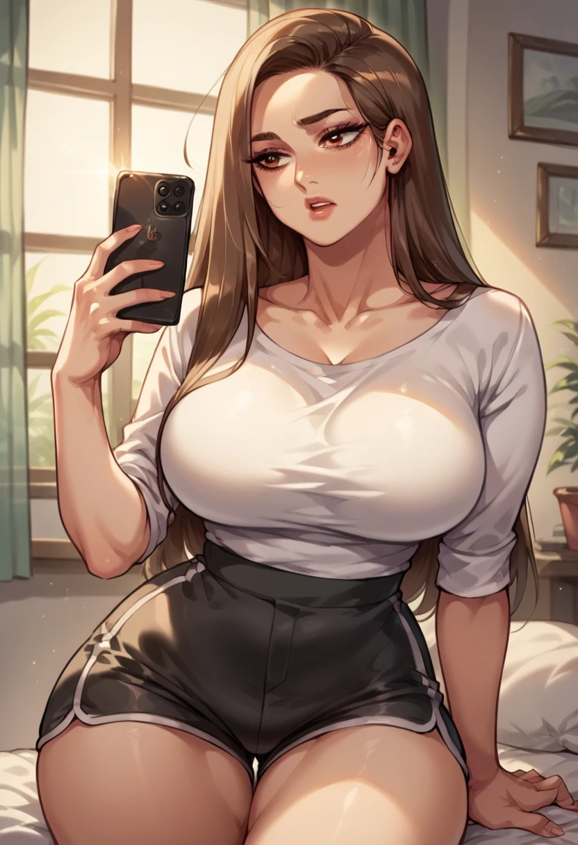araffe woman taking a selfie in a white top and khaki pants, wearing tight shirt, tight shirt, thick neck, white bra, busty, sexy girl, thick body, revealing clothes, low cut top, buxom chested, asian girl, thick, wearing a cute top, thicc, white top, tight outfit