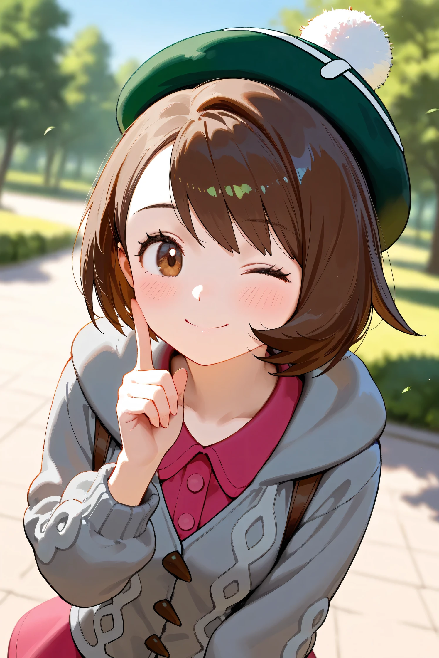 (Masterpiece), (Highest quality), (Very detailed),
(The best shape), (Best Shadow), (Absurd),
(Detailed background), (So beautiful), Shiny ,
Beautiful eyes in every detail, Extraordinary, Countershading, 8k, 32K, High resolution,
Very Detailed CG, UHD,
Score_9, Score_8_up, Score_7_up, Source_anime,
(Pastel painting:1.2), (Watercolor painting:1.2),
(Masterpiece, Detailed:1.2), (Foreshortening:1.2),
Cinematic, Dramatic, (Depth of field:1.4),
(Blurry background:1.4), (Realistic background:1.4),
(Foreshortening:1.3),Dynamic angle, dynamic pose,
1 girl,
Outdoor, Nature, Park, Wind, blue sky,
Pokémon,
gloria, gloria (pokemon), short hair, bangs, brown hair, brown eyes, eyelashes, bob cut,
hat, dress, buttons, cardigan, pink dress, green headwear, collared dress, cable knit, grey cardigan, tam o' shanter, hooded cardigan,
Portrait, Focus on face, close up shot,
(Blush:1.3), smile, happy, joyful, one eye closed,
Place index finger on cheek,
Shiny skin,