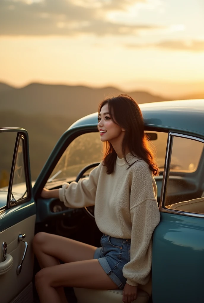 Thai girl, , brown hair, beautiful, barefoot driving an old beetle while enjoying the view from the back seat.