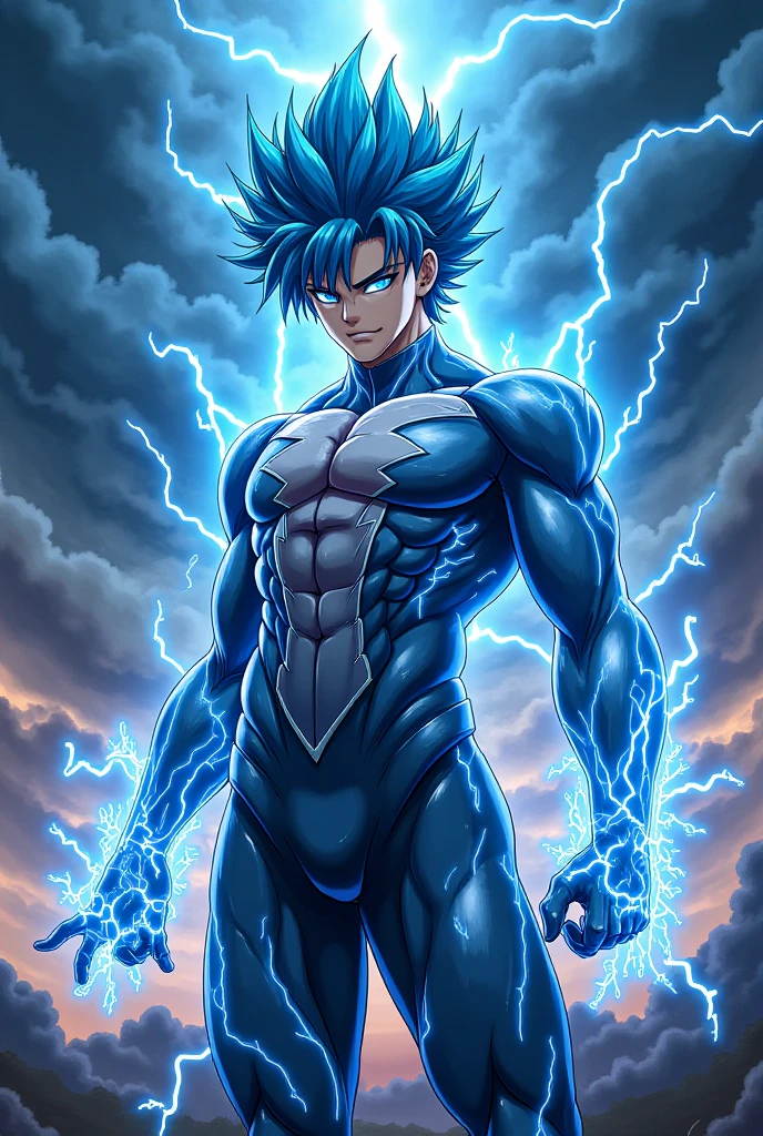Muscular young man in a hero leotard with a blue and white porcelain theme
