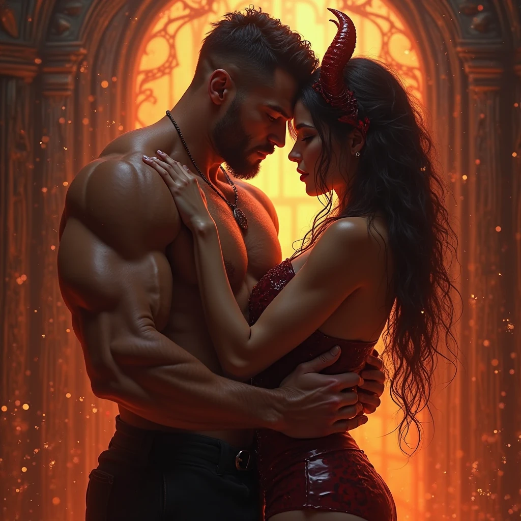 Delilah, attractive and seductive, with an intriguing gaze, is cutting Samson's hair while he looks vulnerable. The environment is a dark cave, with shadows that create an atmosphere of betrayal. Shades of red and black dominate, evoking feelings of love and disillusionment.