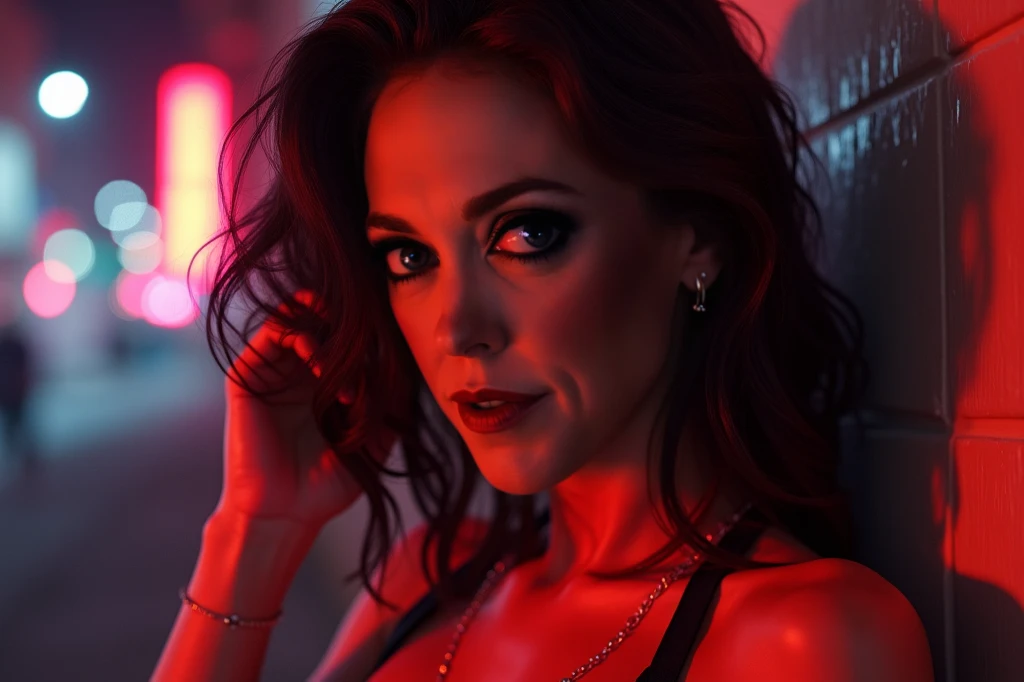 selfie: A dominant woman in her 60s, with deep wrinkles creasing her face, smiles confidently into the camera lens. Her plump figure is accentuated by the dramatic lighting of the dimly lit, dark red room, where heavy makeup highlights her features. Long, black hair cascades down her back like a nocturnal waterfall, while wrinkles and tattoos add depth to her enigmatic smile. The warm glow of flickering candles in the background creates a sensual atmosphere, casting a spell of domination and seduction in this captivating scene.