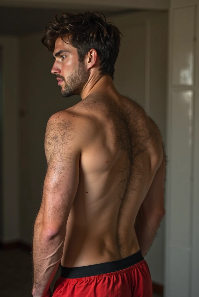 dark black hair england man, posing in the art room, naked, long distance shot, view from th back, smirk, detailed