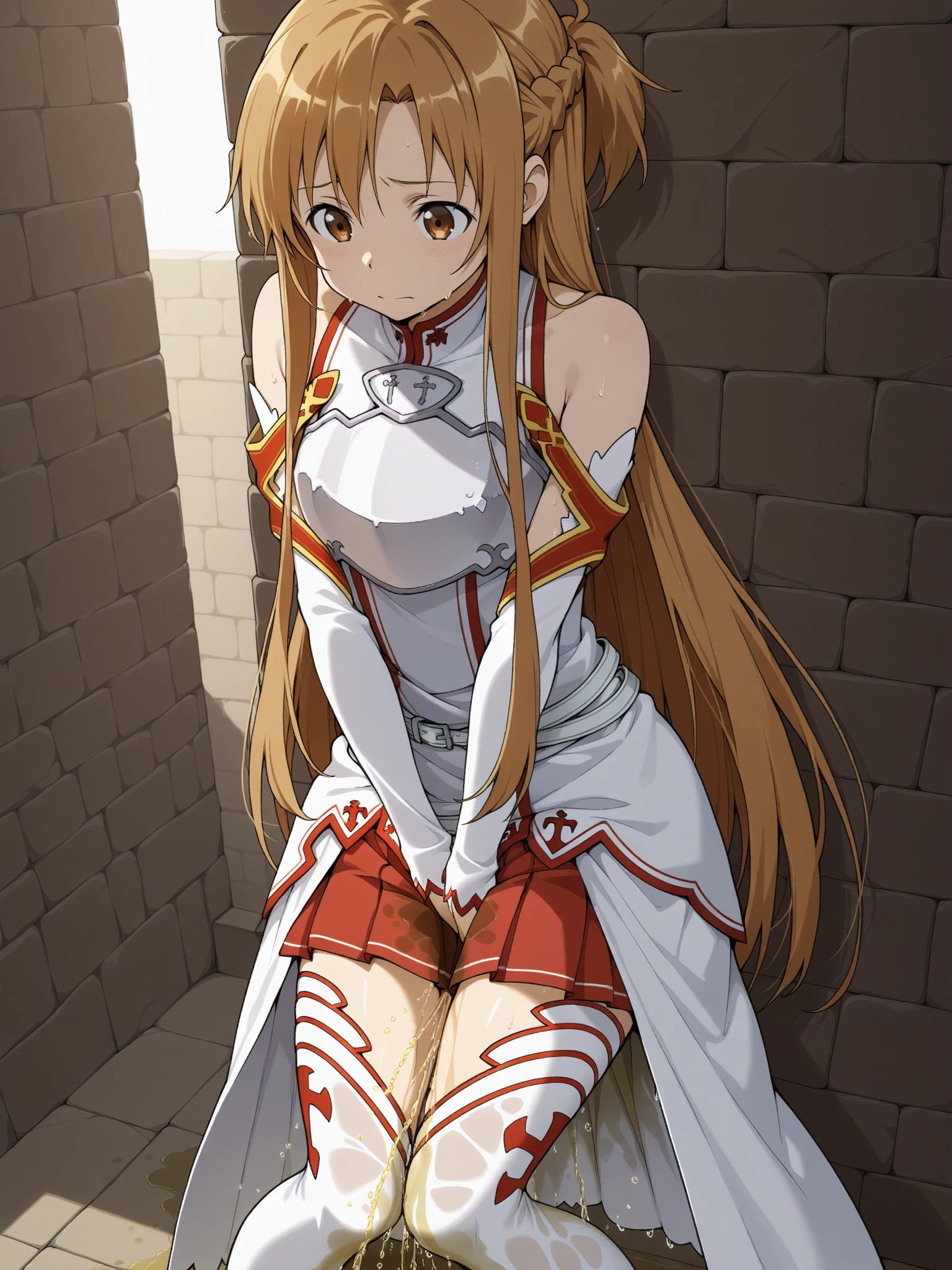 Asuna Yuki(Sword Art Online), From below, Long bronze hair,Braiding,Brown eyes,Fine grain,Big bust line,roll forward,Armature,breastplate,Long sleeve white shirt,Removable sleeves,Red and white skirt,Pleated skirt,real,Her slim legs are really cute.,Very beautiful long legs.,White knee-highs,garter,Perfect body,real,Are standing,Asuna Yuki(Sword Art Online), panties,Embarrassing, panties, (((Skirt flip, pantiesが見えてるよ))),Spread your legs, (((Skirt flip, pantiesが見えてるよ))), (((Skirt flip, pantiesが見えてるよ))), (((Skirt flip, pantiesが見えてるよ))), (((Skirt flip, pantiesが見えてるよ))),
