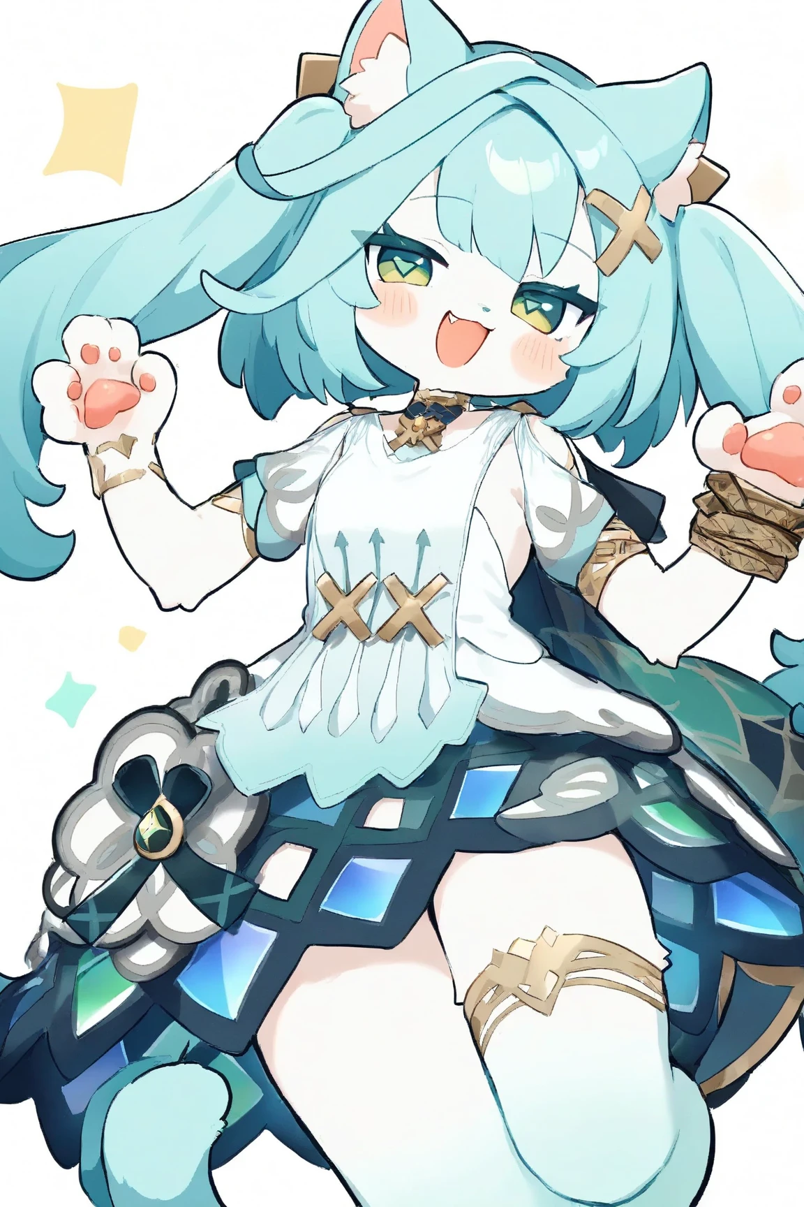 1girl,solo,faruzan \(Genshin Impact\),aqua hair,green eyes,twintails,long hair,hair ornament,twintails, x hair ornament,(symbol-shaped pupils), looking at viewer, blush, smile, open mouth, skirt, simple background, thighhighs, white background, animal ears, fang, cat ears, cat tail, animal ear fluff, :3, cat girl, grey shirt, furry, animal hands, furry female, body fur, white fur, aqua necktie, pawpads, furrification, hatsune miku, masterpiece, best qualityfurry, solo, dynamic pose, Front View, rainbow dress, cat ear, tail, open mouth, fang, :3, cat tail, standing, standing on one leg, looking at viewer, multicolored clothes, flower print, smile, simple background, dress, animal ears, cat ears, multicolored dress, barefoot, blush stickers, short sleeves, :d, cowboy shot, An illustration of a girl with long blue hair and cat ears. there are three cats in the background, one orange, one black, and one gray. she is wearing a colorful outfit with a rainbow-colored top and a yellow skirt. the girl has a big smile on her face and her arms are stretched out to the sides, as if she is dancing or waving. the overall style of the illustration is cartoon-like and playful., 