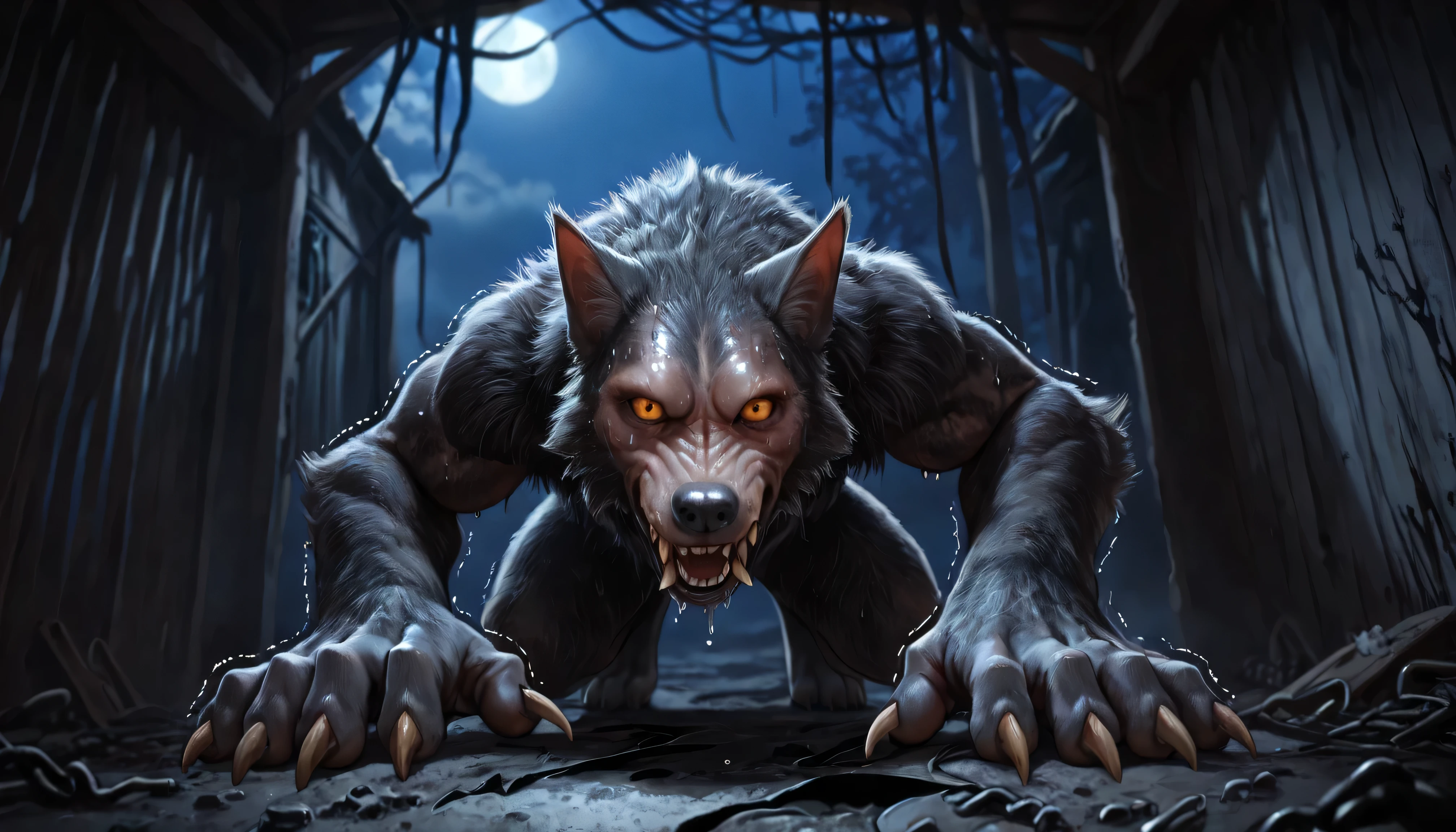 throw, eye level angle, looking at own body, werewolf:1.3, werewolf transformation, body,  Morphing , :1.3,  animal toes  , grey  fat fingers , claws, ((wool)), it crashes:1.1, perspiration,  fat fingers , torn clothes, Torn socks, deep Night, ((darkness, dramatic transformation of predators in the moonlight, Night)), abandoned prison, ((super detailed, realistic sweatshirt, realistic sweatshirt:1.37), 4k, 8 k, raw, HDR, contract, Canon EOS P3, CANON EOS R3, 85мм f/1.4, 15mm, 35mm, 80mm, f2.8, high definition, HD, full color, 4k, high definition, sharp focus, smooth, professional, cinematic starlight, extremely detailed, (high detail:1.4)  Business, Masterpiece, deep hues, Best quality,))
