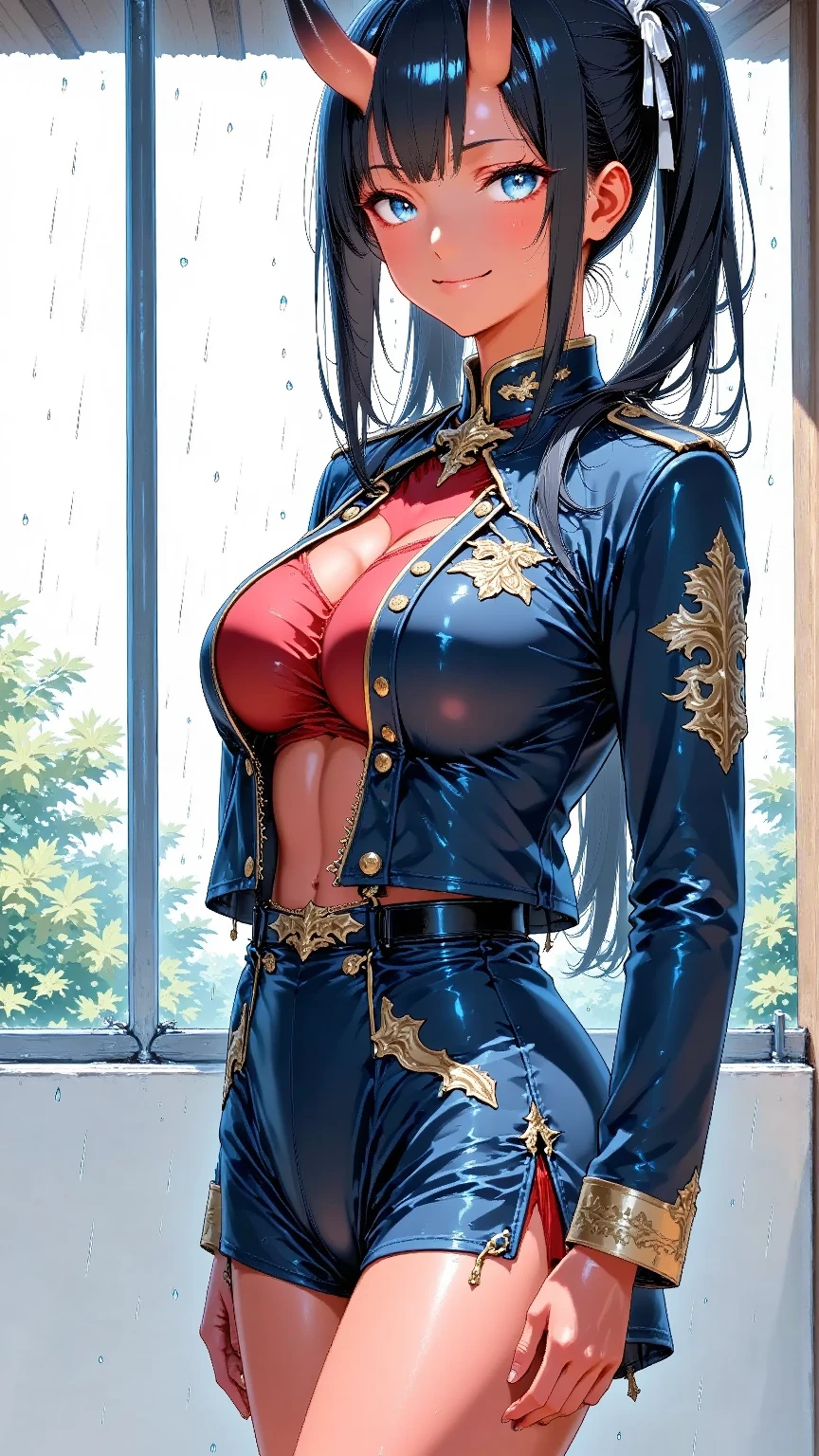 (highest quality:1.2, Anime artwork, Very detailed, High Detail, digital coloring, High Contrast, masterpiece:1.2, highest quality, Best aesthetics), 8k,masterpiece, cute,tall,beautiful,best quality, 1lady,black hair,long hair,empty eyes, (finely detailed empty pupils and detailed face),,,,extremely detailed cg unity 8k wallpaper,solo,(latex military costume:0.9),large breasts,seductive smile,military hat,latex thighhigh,large breasts,black hair,pink eyes,leotard,pantyhose,military coat,enamel suits,grossy lips,sitting,,sadistic smile,,heel,shiny skin,military coat,detailed face,beautiful body,full-body,adult,