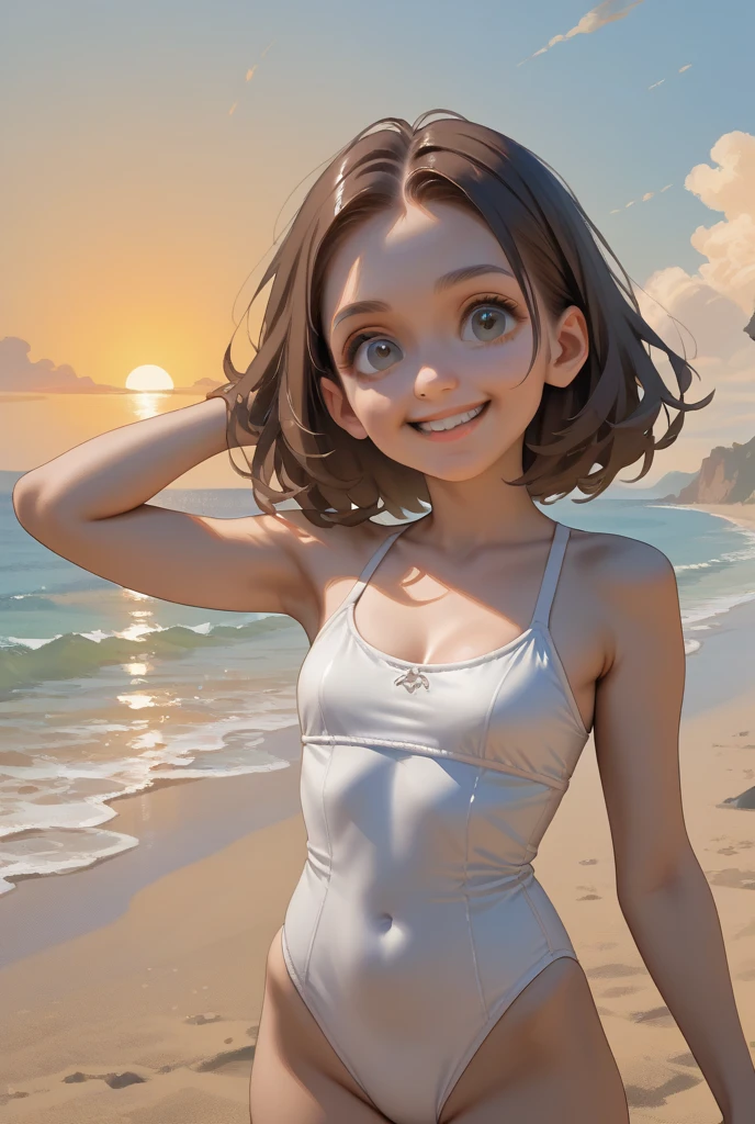 Highest quality, masterpiece, alone, 1 female、Year: 8 Year代、Small breasts、(Slim figure)、Transparent yellow dress、From the side、Poses that accentuate the chest、(White highlight in pupil:1.2)、Dark reddish brown eyes、(Grey Hair:1.2)、(Medium Hair)、(View your viewers:1.2)、White skin、(blush)、(smile)、(Happy expression)、Nipples、(Blur the background to make the woman stand out.:1.3)、(The sunlight shines in)、Half Backlight、(Beautiful sea in the background)、The wind is blowing、Small breasts、Wizard、broom、Flat Chest