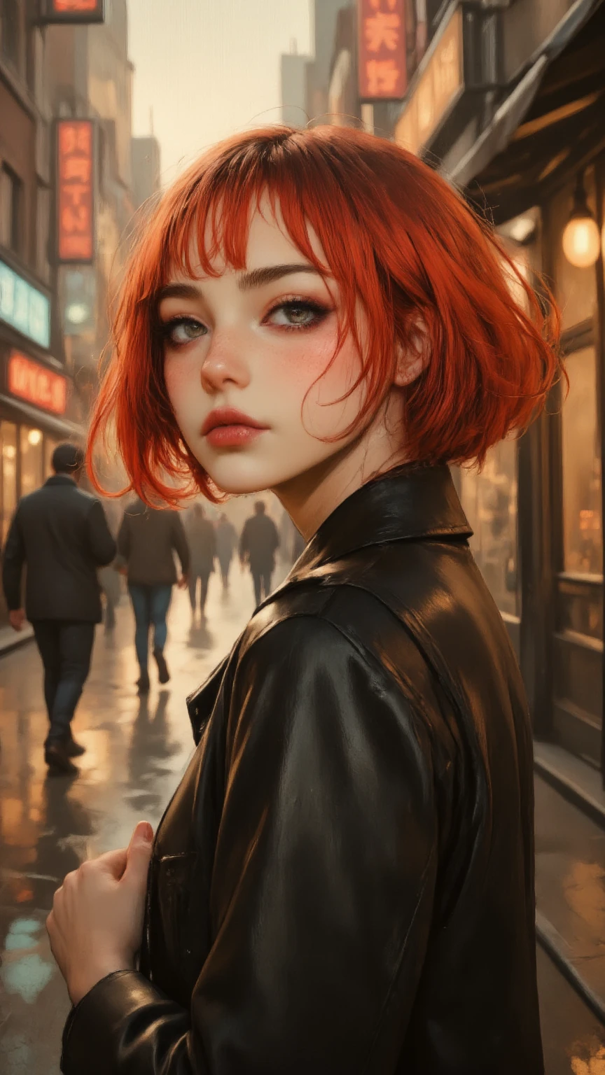 1woman, 35 years old, solo, skinny, red hair, black eyes, eyeliner, looking at viewer, lips, red bob cut, blunt bangs, blush, standing, upper body, face focus, outdoors, tec \(theme\), night, large breats, backwards, looking back, angry face