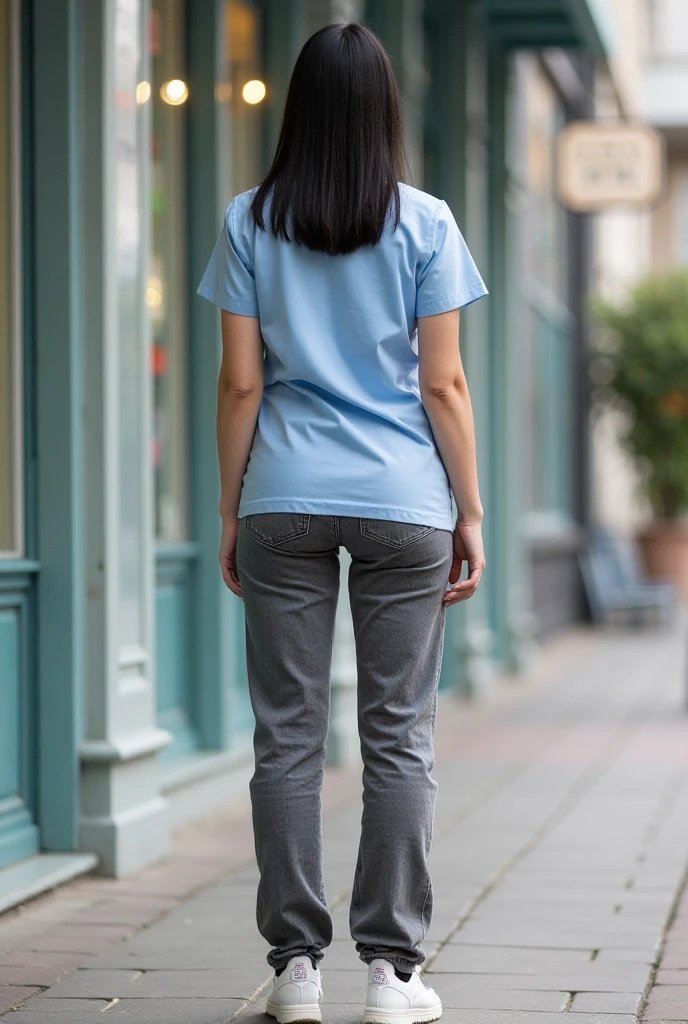A vertical photograph of a woman standing on her back, a woman who works in a pharmacy, the photo in the sidewalk of the pharmacy, the woman wears very tall and well-fitting gray jeans, where a voluptuous and huge ass is marked, very giant , on the top she has a light blue short sleeve nurse's uniform, straight black hair at shoulder height (), piel blanca