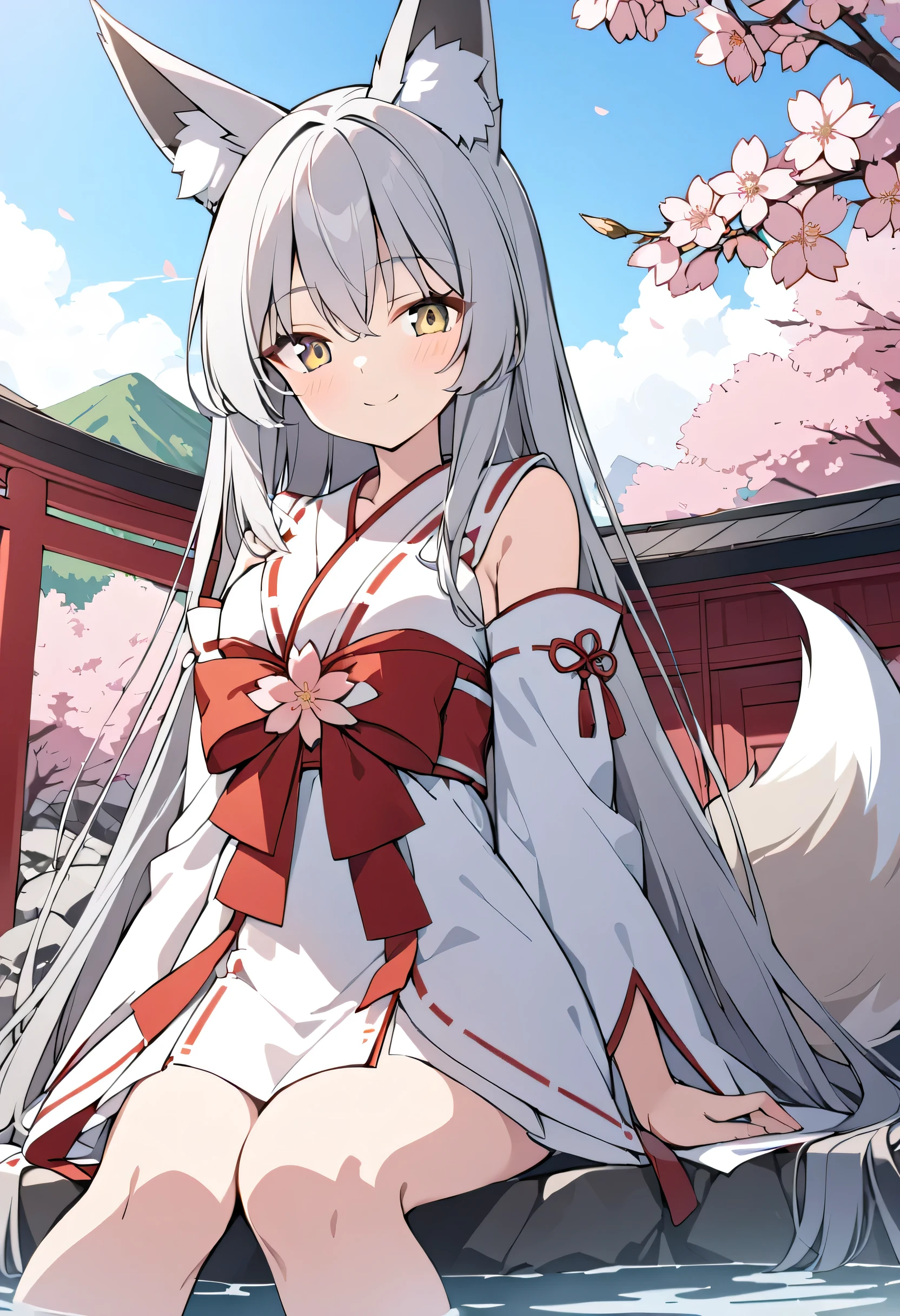 long hair,fox ears, Foxtail , girl,Silver Hair,alone, small,Golden Eye,Smile,red shrine maiden costume,Hot Springs, cherry blossom trees ,Next to the shrine