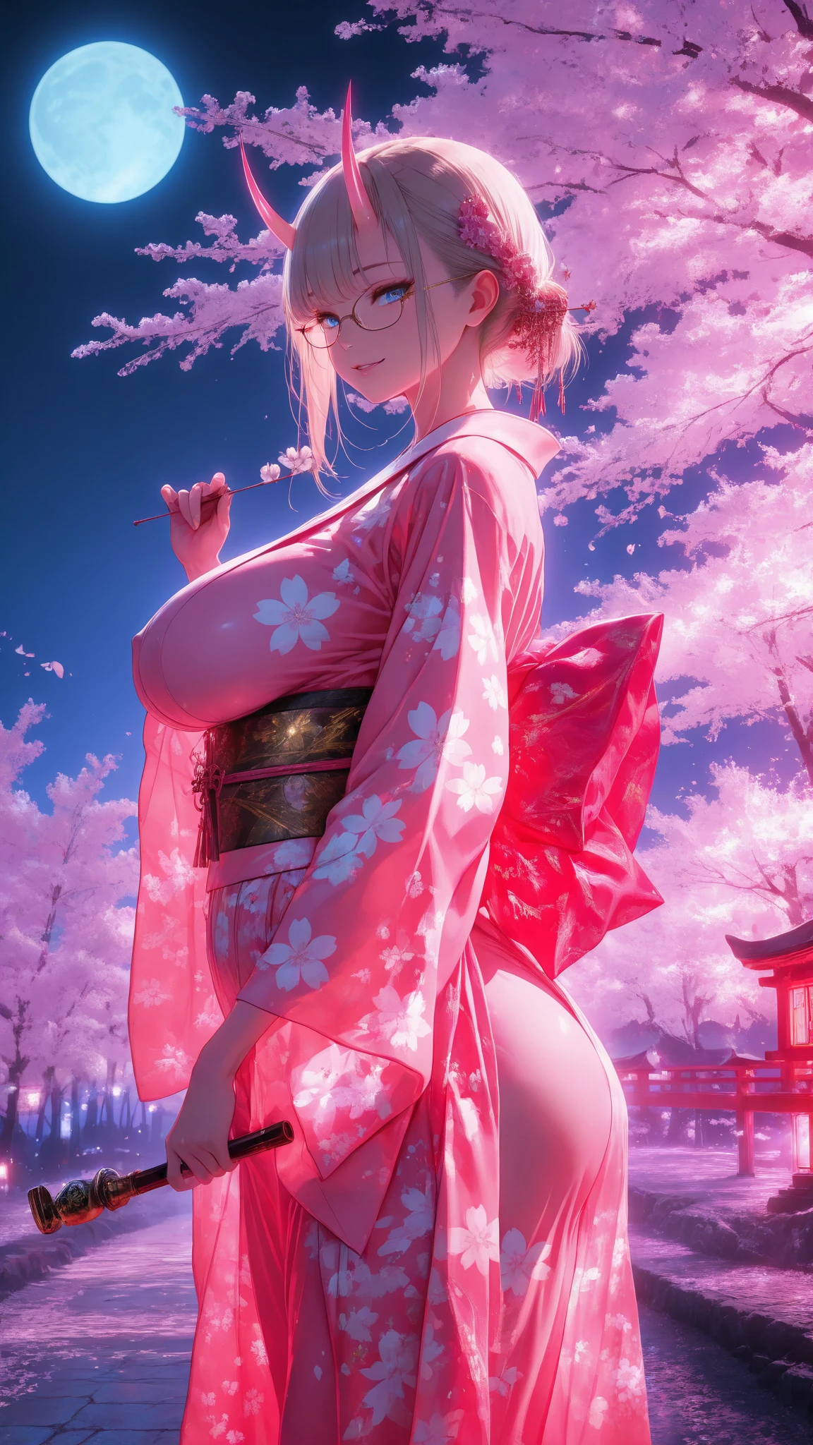 (NSFW)horns,toned body, 1girl, solo, Blue_eyes, side view , japanese_clothes, kimono, light_skin,(( blue_moon ,looking_at_viewer, moon, sky, night, short_hair, oni_horns, glasses, holding, sash, night_sky"8k resolution" seductive smiling, big hips, big boops, cherry blossom as a backgrounds,
"hyper-detailed"
"ultra-realistic"
"intricate texture"