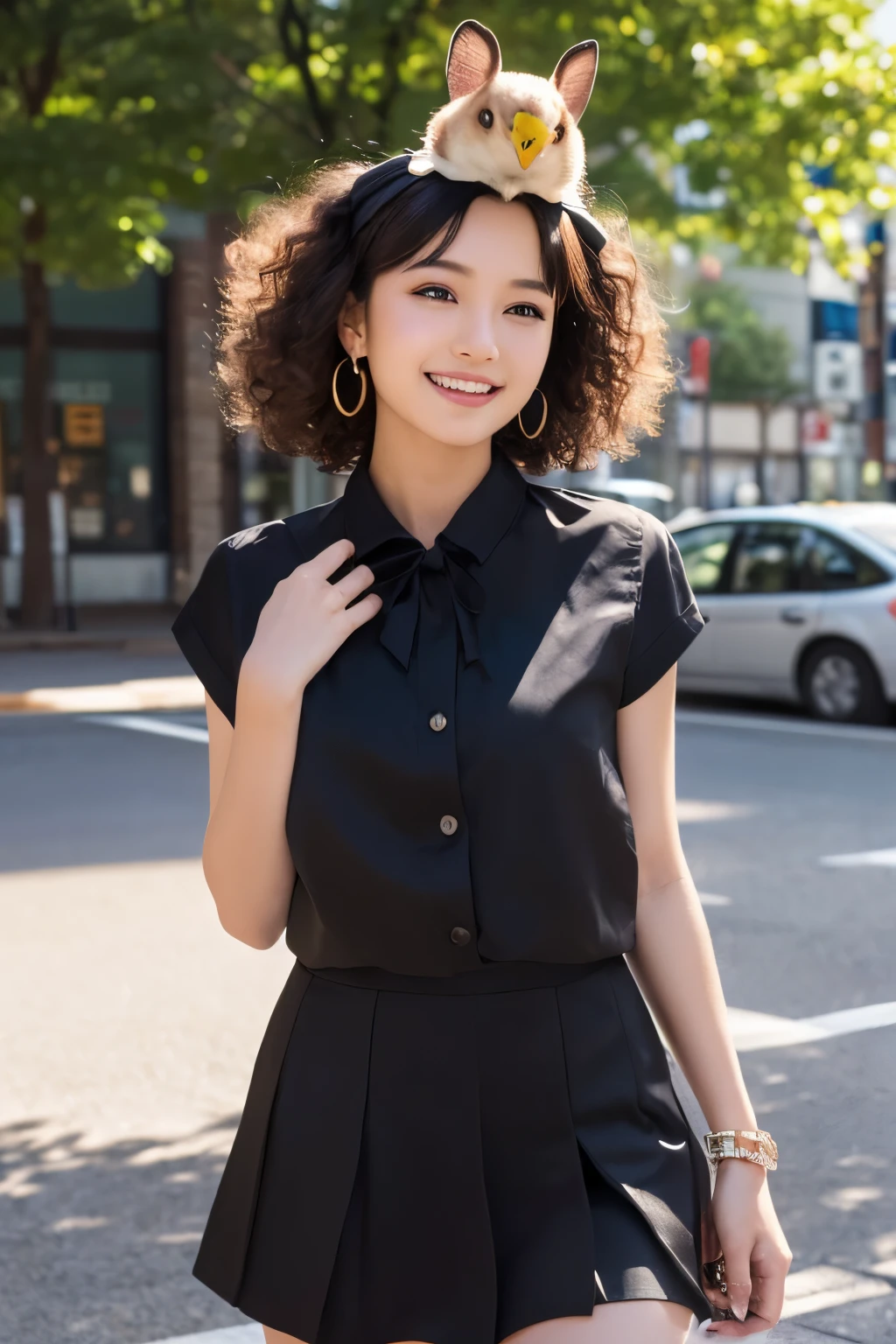 1girl,solo,brown hair,short hair,hair between eyes,bangs,orange eyes,long eyelashes,thick eyelashes,looking at viewer,smile,:D,black shirt,black skirt,pleated skirt,medium breasts,outdoors,city,upper teeth,<lora:add_detail:1>,, best quality,masterpiece,realistic,masterpiece,Highly detailed,extreme detail description,extremely detailed CG unity 32k wallpaper,8k,