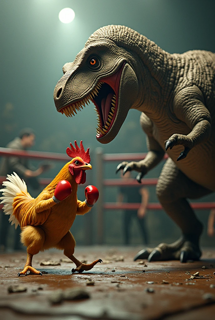 A red and black vulture with a muscular human body, fighting a black and white werewolf with a muscular human body, A wrestling ring. Now the wolf beats the vulture so badly that he's left seeing birds.