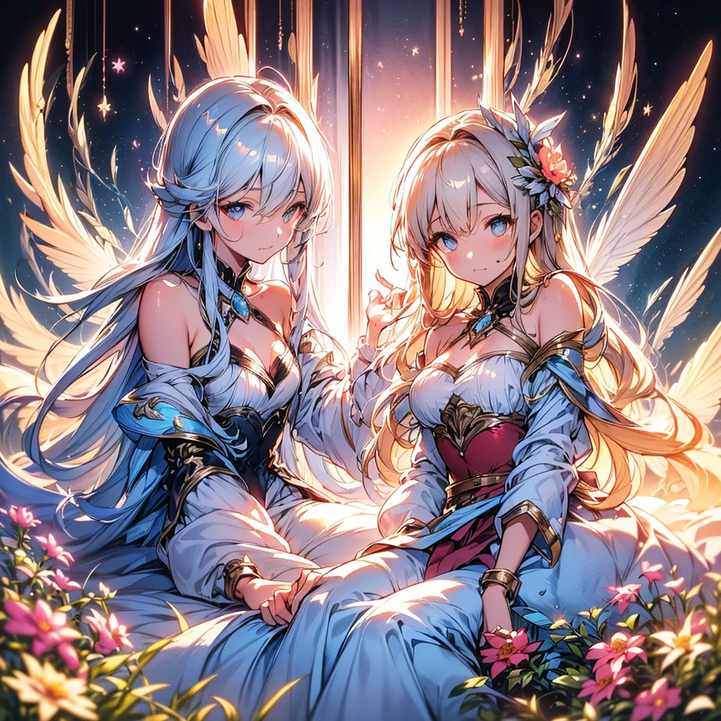 ((Masterpiece: 1.5, best quality, high resolution: 1.3, super resolution, super detailed, ultra detailed: 1.3, rich background: 1.2, Perfect Anatomy:1.5, 1 woman) pale skin + white hair + Short curly hair locks long, French bangs + light pink eyes + feminine figure + medium chest + small waist + wide hips (intricate body, long semi-transparent stockings, feathers, delicate wide sleeves, long transparent fabric skirt, minimal jewelry) (( smile, lonely ballet pose, dramatic lighting, elegant street)) (( pastel colors palette, light blue, light pink,))