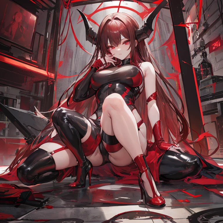 Hell prison, red dim lighting, woman, succubus, demon horns, demon tail, spikes, (breast bondage:1.4), (leg bondage:1.4), open clothes, seductive pose, arms behind back, (red glowing eyes), (covered nipples), (pink womb tattoo), seductive smile, (deep cleavase), (massive breasts), (exceptional, best quality, new, newest, masterpiece, extremely detailed, anime:1.2), (detailed face and eyes:1.3).