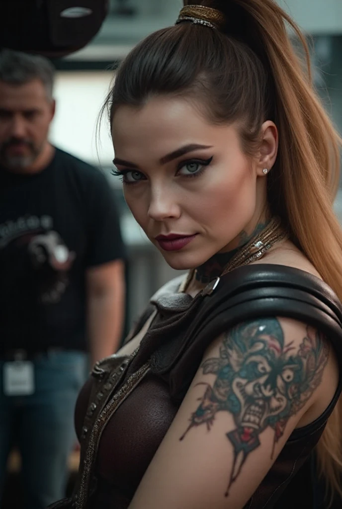 a badass gangster girl with expressive blue eyes, perfect detailed face, massive perfect breast,,massive cleavage in a red and gold outfit, dark fantasy, (best quality,8k,highres,masterpiece:1.2),ultra-detailed,(realistic,photorealistic,photo-realistic:1.37),HDR,UHD,studio lighting,ultra-fine painting,sharp focus,physically-based rendering,extreme detail description,professional,vivid colors,