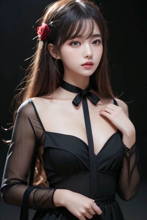 An adorable Japanese young girl, 8k, best quality, masterpiece, realistic, ultra detail, photo realistic, Increase quality, look at viewer, soft expression, simple background, (black lace minidress), (white ribbon), fashion, puffed big breast, ample cleavage