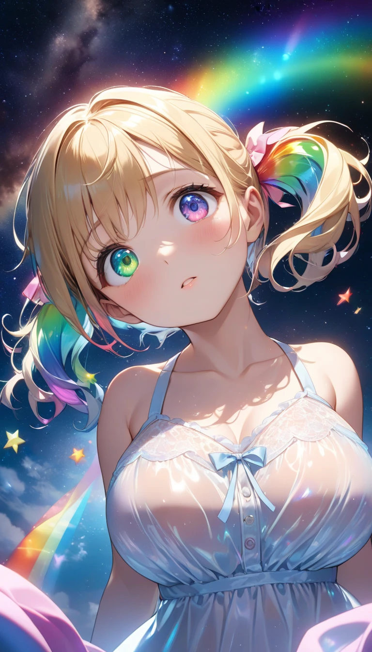 A stunning nude woman, wearing headphones, composed of a dazzling array of rainbow hues, reclines gracefully at the end of a radiant rainbow amidst the fluffy clouds in the sky, floating over a small cityscape. Bathed in dynamic and enchanting lighting, accentuates her vibrant, full-bodied form. Fantasy art. Masterpiece 