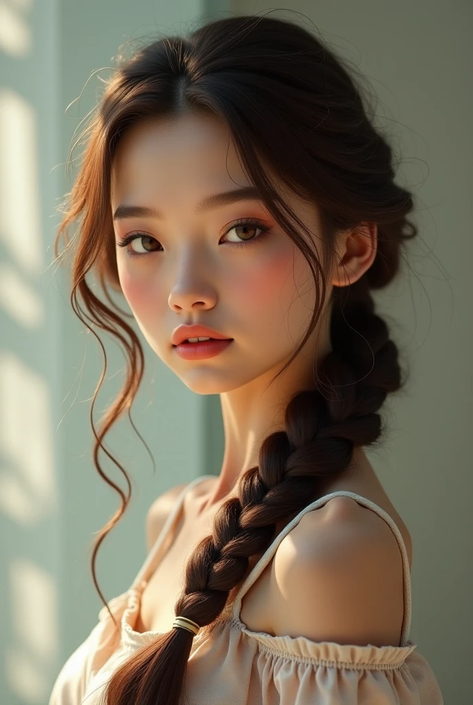 one woman、14talent、close up of face、very cute face、((beautiful clear gray eyes:1.1、Ash gray hair:1.3、thick braids、Red hair ornament、natural skin texture、intricate details、(((highest quality、ultra high resolution、reality、hyper realism、master piece:1.1、Portrait、50mm lens、professional writing、professional photographer、gray background、focus on face、