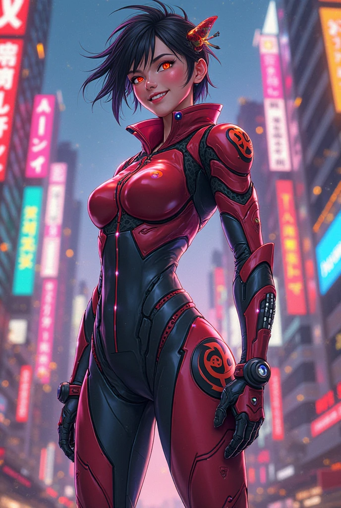 female, cyberpunk scene, woman criminal, dangerous (yakuza:1.2) android prostitute wearing glossy black mecha hexagonal armor bodysuit, detailed silk cape,sleek (visor:1.2) hi-tech, intricate designer lingerie, red lipstick, (neon red sun:1.1), moody night scene, <lora:nijiarmor:0.9>