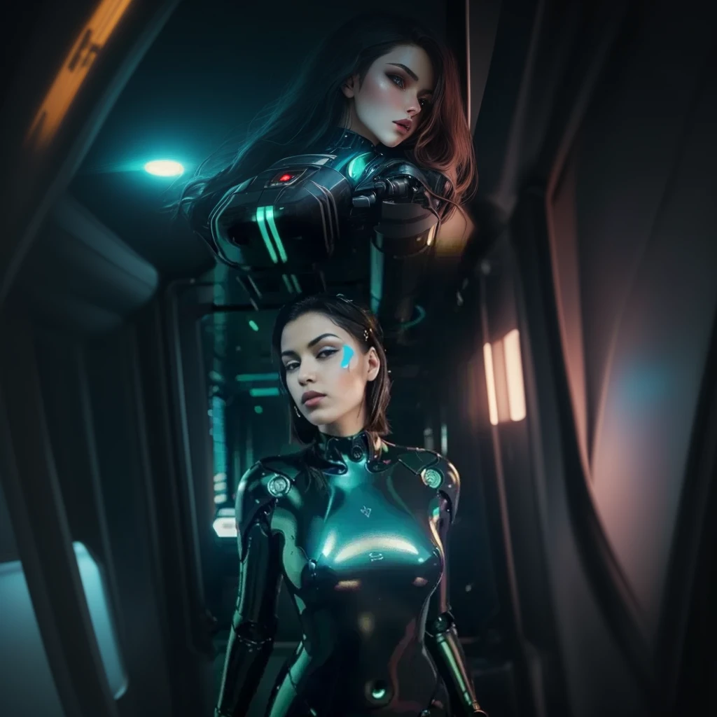 “Two futuristic female cyborgs with Russian-like appearances in the cockpit of a spaceship. They have long hair, large eyes, high noses, and wide mouths, seamlessly integrating mechanical and organic elements with sleek metal parts, glowing accents, and visible circuitry. Their primary color scheme is blue. The cyborgs are actively piloting the spaceship. The cockpit is advanced and high-tech, with three large windows showing the outside scenery. These windows are completely green to allow for chroma key processing later. The overall atmosphere is calm and inviting, ideal for a lo-fi music channel background.”

