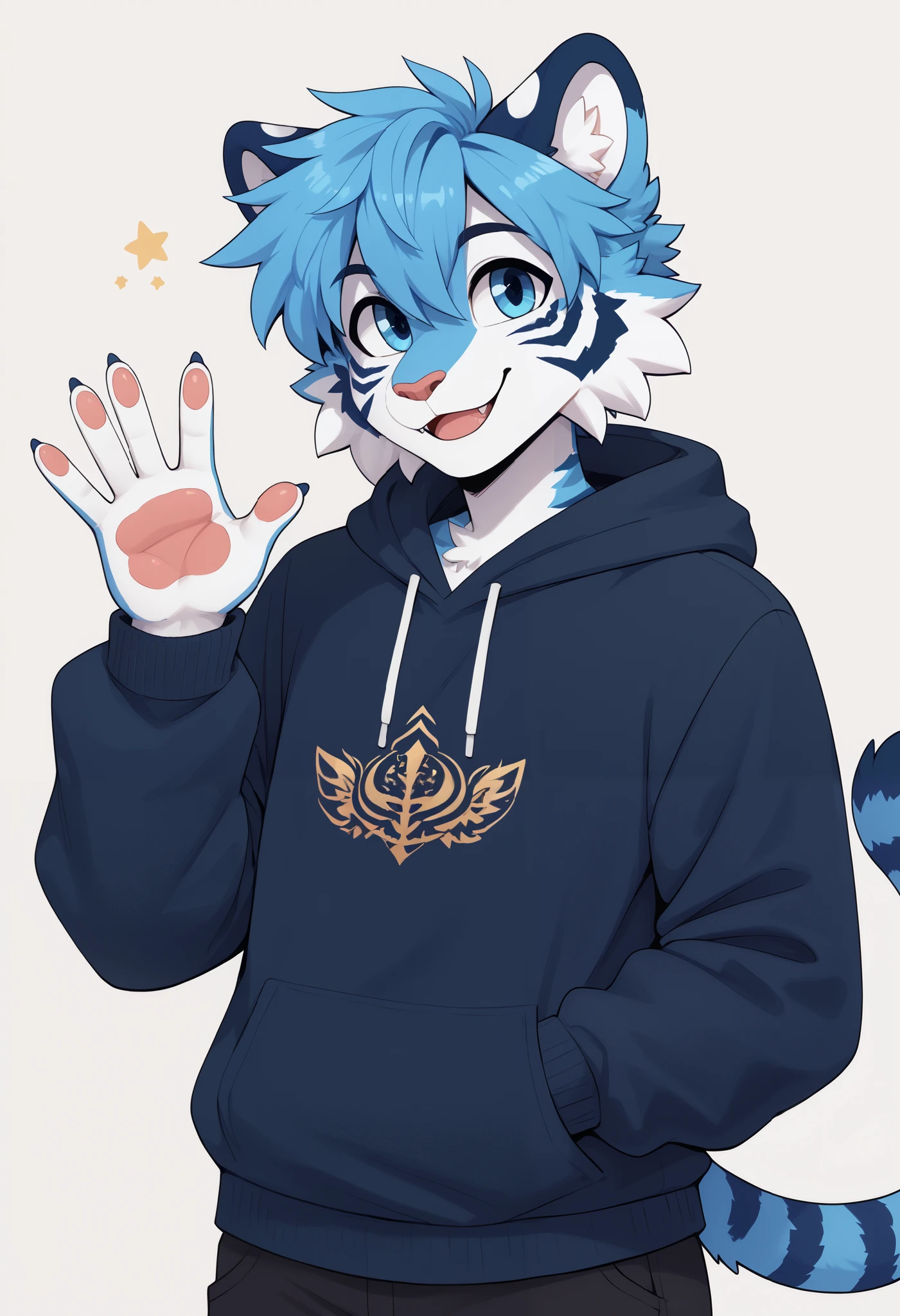 (Masterpiece) (High Detail) (High Res) A close up of A very short, slim, curvy and cute tiger Male with blue fur and fluffy blue tiger patterned fur and bright blue eyes and curvy effeminate shape and a thick fluffy stripy tiger tail and a flat chest. He is wearing a navy hoodie. Bright blur fur. He is waving with one hand and smiling.