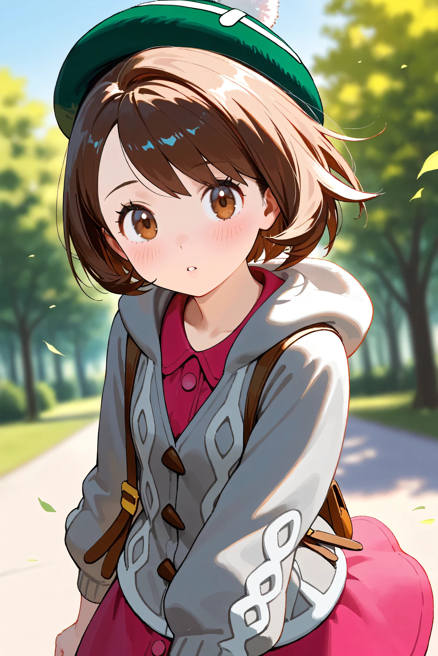 (Masterpiece), (Highest quality), (Very detailed),
(The best shape), (Best Shadow), (Absurd),
(Detailed background), (So beautiful), Shiny ,
Beautiful eyes in every detail, Extraordinary, Countershading, 8k, 32K, High resolution,
Very Detailed CG, UHD,
Score_9, Score_8_up, Score_7_up, Source_anime,
(Pastel painting:1.2), (Watercolor painting:1.2),
(Masterpiece, Detailed:1.2), (Foreshortening:1.2),
Cinematic, Dramatic, (Depth of field:1.4),
(Blurry background:1.4), (Realistic background:1.4),
(Foreshortening:1.3),Dynamic angle, dynamic pose,
1 girl,
Outdoor, Nature, Park, Wind, blue sky,
Pokémon,
gloria, gloria (pokemon), short hair, bangs, brown hair, brown eyes, eyelashes, bob cut,
hat, dress, buttons, cardigan, pink dress, green headwear, collared dress, cable knit, grey cardigan, tam o' shanter, hooded cardigan,
Portrait, Focus on face, Close up shot,
(Blush:1.3), Parted lips,
Shiny skin,