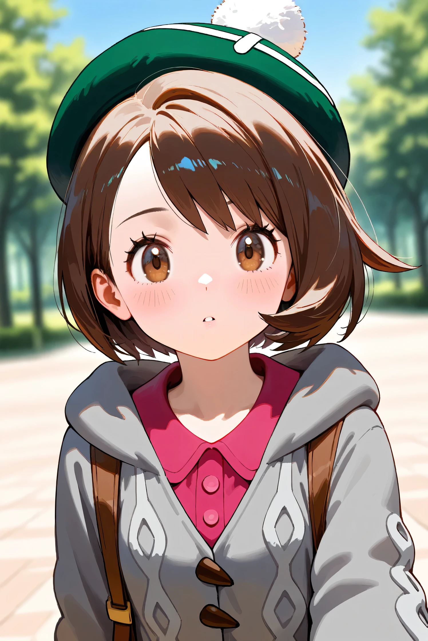 (Masterpiece), (Highest quality), (Very detailed),
(The best shape), (Best Shadow), (Absurd),
(Detailed background), (So beautiful), Shiny ,
Beautiful eyes in every detail, Extraordinary, Countershading, 8k, 32K, High resolution,
Very Detailed CG, UHD,
Score_9, Score_8_up, Score_7_up, Source_anime,
(Pastel painting:1.2), (Watercolor painting:1.2),
(Masterpiece, Detailed:1.2), (Foreshortening:1.2),
Cinematic, Dramatic, (Depth of field:1.4),
(Blurry background:1.4), (Realistic background:1.4),
(Foreshortening:1.3),Dynamic angle, dynamic pose,
1 girl,
Outdoor, Nature, Park, Wind, blue sky,
Pokémon,
gloria, gloria (pokemon), short hair, bangs, brown hair, brown eyes, eyelashes, bob cut,
hat, dress, buttons, cardigan, pink dress, green headwear, collared dress, cable knit, grey cardigan, tam o' shanter, hooded cardigan,
Portrait, Focus on face, Close up shot,
(Blush:1.3), Parted lips,
Shiny skin,