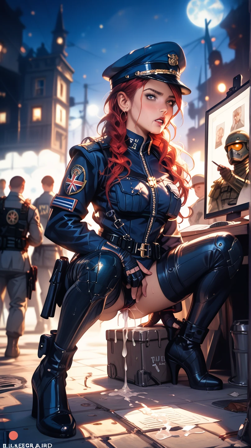 Hot young woman, long red hair, ponytail, huge tits, officer uniform, sitting naked, legs spread, lustful, wild desires, body is full of tattoos, black make-up, high boots, high quality, best quality, fingering, perspective from below, uncensored, high details, blue eyes, perfect body, on battleship, dangerous, beautyful serious face, sit on a bomb