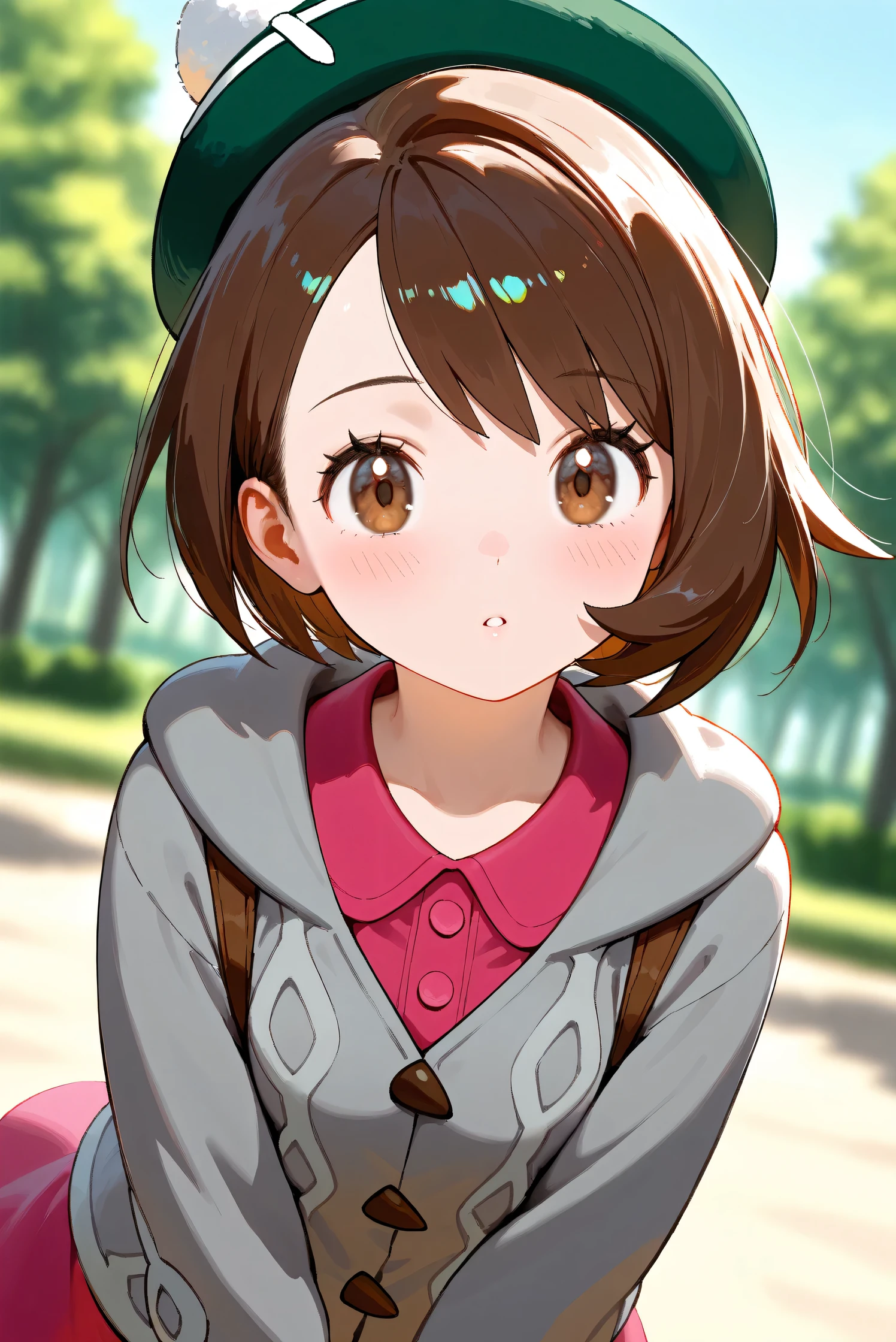 (Masterpiece), (Highest quality), (Very detailed),
(The best shape), (Best Shadow), (Absurd),
(Detailed background), (So beautiful), Shiny ,
Beautiful eyes in every detail, Extraordinary, Countershading, 8k, 32K, High resolution,
Very Detailed CG, UHD,
Score_9, Score_8_up, Score_7_up, Source_anime,
(Pastel painting:1.2), (Watercolor painting:1.2),
(Masterpiece, Detailed:1.2), (Foreshortening:1.2),
Cinematic, Dramatic, (Depth of field:1.4),
(Blurry background:1.4), (Realistic background:1.4),
(Foreshortening:1.3),Dynamic angle, dynamic pose,
1 girl,
Outdoor, Nature, Park, Wind, blue sky,
Pokémon,
gloria, gloria (pokemon), short hair, bangs, brown hair, brown eyes, eyelashes, bob cut,
hat, dress, buttons, cardigan, pink dress, green headwear, collared dress, cable knit, grey cardigan, tam o' shanter, hooded cardigan,
Portrait, Focus on face, Close up shot,
(Blush:1.3), Parted lips,
Shiny skin,
