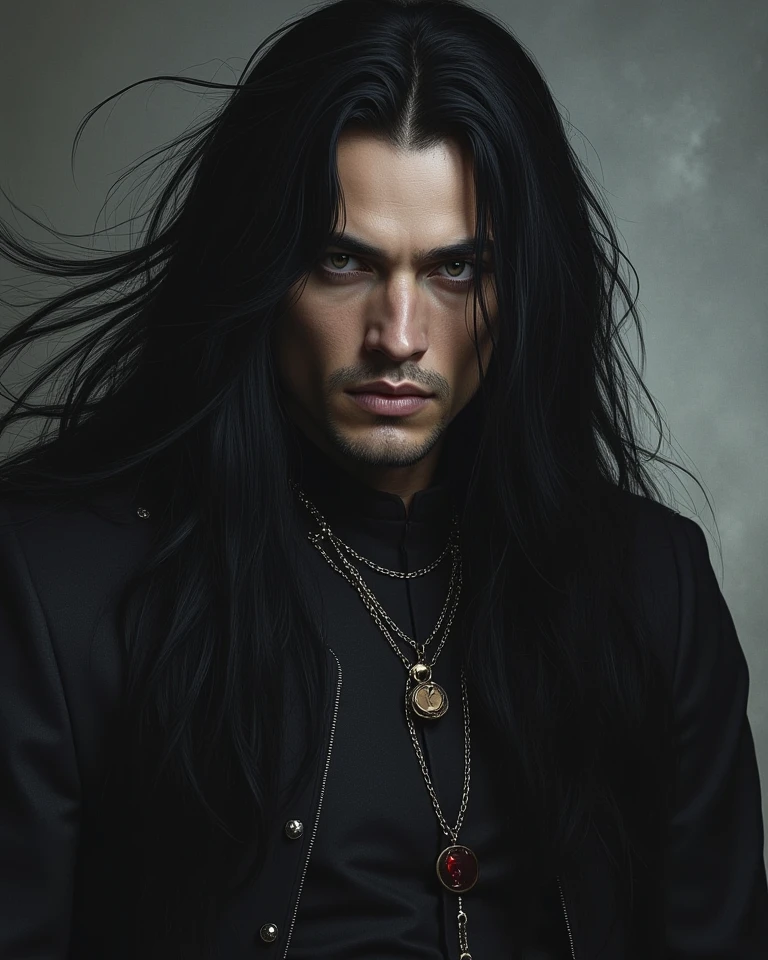 Young and tall lovely vampire man with big indigo eyes and long black hair