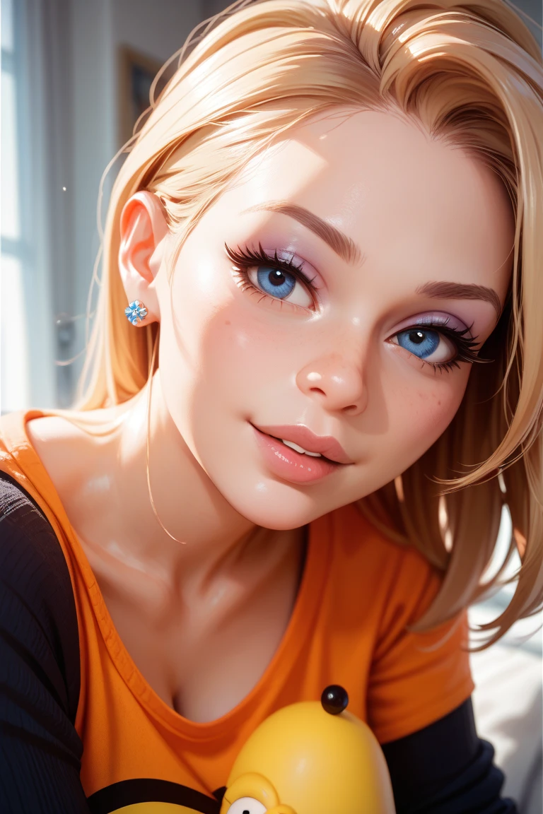 wide shot, (crop top tee shirt:1.1), (tone abs:1.0), (shoulders back:1.1), (looking at me:1.5) (Masterpiece, Professional lighting, 16k, 8k wallpaper, raw photo, photorealistic:1.8, ultra detailed, natural lighting, detailed skin, detailed face, detailed eyes), 1 beautiful playful girl, long curly blond hair with bangs, necklace, blue eyes, sexy gaze, (lips apart:1.2), (two front teeth overbite:1.0)