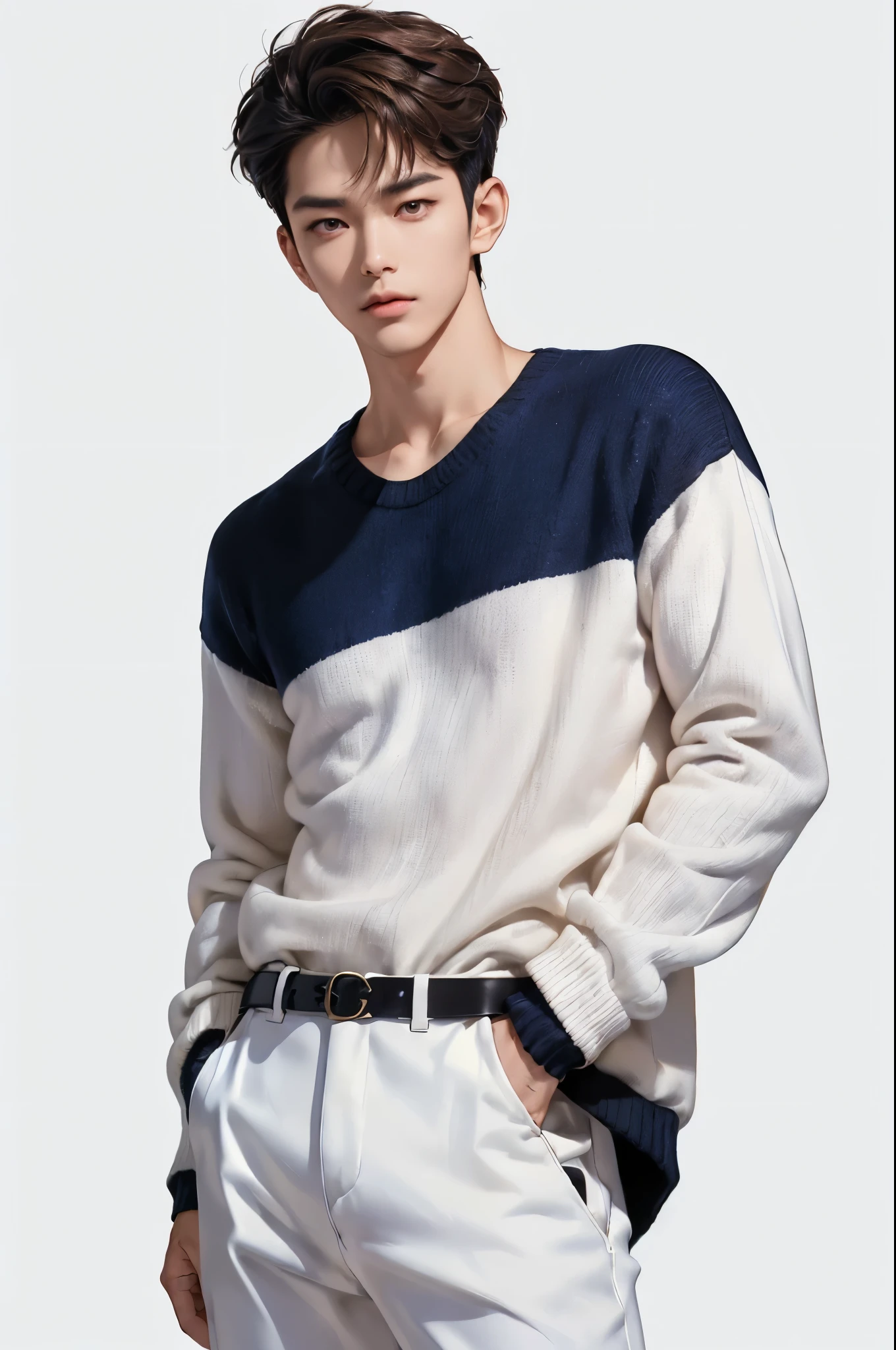 (((4k)) ((very high quality)) ((white background)) ((pants)) Korean, Участник группы K-pop, the man looks older and more serious, His appearance emphasizes his leadership status......  She has a short ,  neatly styled brown hair , with small strands of a slightly lighter shade.
Minjun has strong facial features: expressive brown eyes, with well-defined cheekbones and a square chin.  He wears a minimalist blue sweater with small ornaments in the form of lines or dots. trousers with belt. (( black background)) ((relaxed pose)) ((hands in pockets.)) (()) (( masculine appearance )) (( Eye details)) (( without background )) ((white background)) ((standing straight)) ((Face straight)) 







