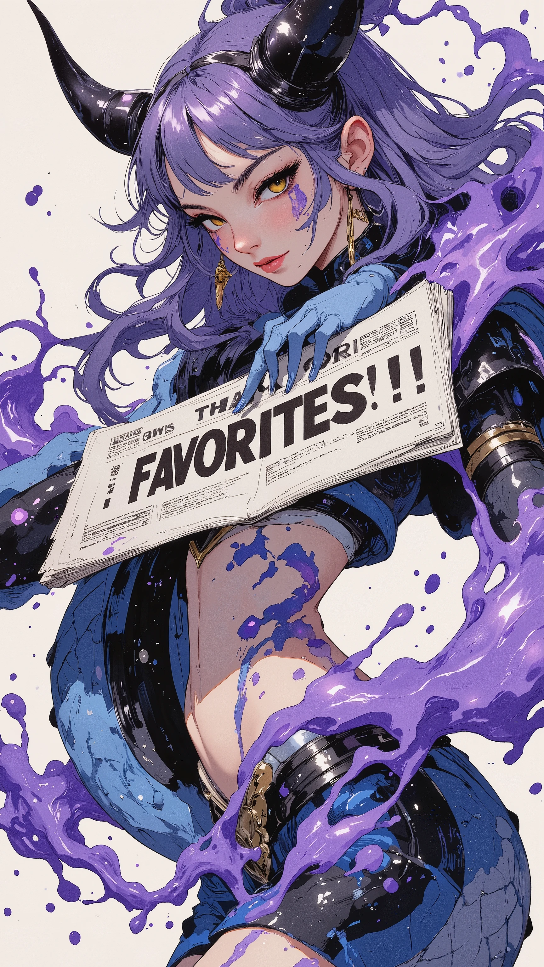 (((article, "Thank you for 6K favorite ", Add text"Thank you 6K favorite", holographic big font)))(news style:1.5), {x},(best quality)))、(super high image quality)、(Super Detail)、(detailed description)、(Best CG ))、(masterpiece)、ArsMJStyle、(Zen ink wash painting)、(1girl,Lamia style girl. the lamia is snake body,Blue costume. Purple hair.Black pattern. Spiky scales,The Lamia has snake’s yellow eyes),(purple aura),ランダムなシチュエーション,ランダムなアングル