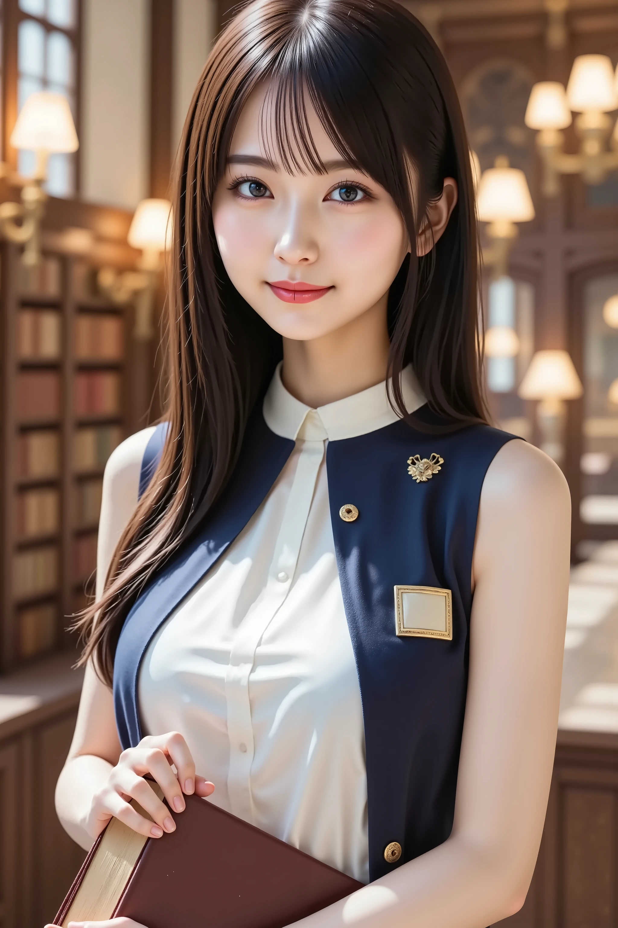 A medium close-up shot, ultra-realistic digital illustration of a beautiful young Asian woman in a grand library. She has long, straight, silky black hair with soft bangs framing her delicate face. Her radiant skin has a natural blush, complementing her warm smile. Her large, expressive dark brown eyes are framed by long lashes, conveying intelligence and kindness. Her well-groomed eyebrows have a gentle arch, and her full lips, naturally pink, are slightly parted in a welcoming smile.

She is dressed in a classic librarian outfit: a crisp white blouse with a high-collared neckline and a fitted navy-blue vest with subtle embroidery. A small golden name tag is pinned to her vest, and delicate reading glasses rest on her nose. In her hands, she holds a large, leather-bound book, as if about to return it to a shelf or assist a visitor.

The background showcases a grand, warmly lit library, featuring towering wooden bookshelves filled with countless books. Soft natural light streams through large arched windows, illuminating the elegant atmosphere. Antique brass reading lamps cast a golden glow onto the polished wooden surfaces, enhancing the refined setting.

The composition is balanced, with the subject centrally framed, ensuring a clear view of her upper body and attire while allowing the library's ambiance to be visible. The image is rendered in stunning 8K resolution, capturing every intricate detail with lifelike clarity.