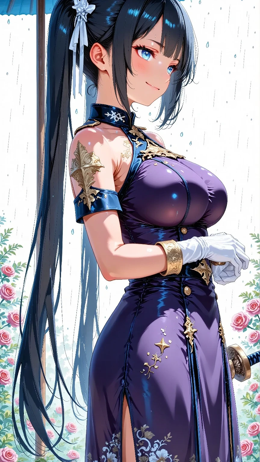 Kujou Sara|genshin impact, master-piece, bestquality, 1girls,25 years old, gigantic breasts, Wedding Dresses, White Wedding Dress, wedding,Long skirt, oversized breasts, ,bara, choker, (Graffiti:1.5), Splash with purple lightning pattern., arm behind back, against wall, Lean forward., View viewers from the front., Thigh strap, Head tilt, bored, water eyes, Show your ,
