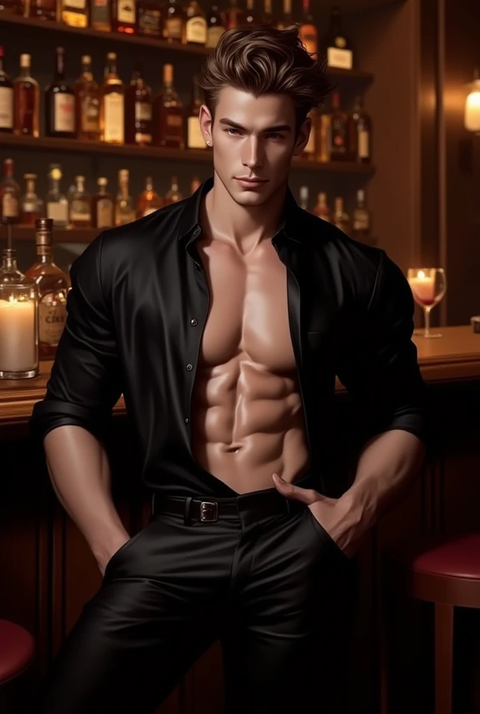Sexy young man of 20 years old wearing a white shirt with three buttons on his chest unbuttoned and the sleeves rolled up to the elbows of his muscular body , with his black hair a little disheveled while in his hand he has a glass of whiskey and his other hand is in the pocket of his black pants, One of his arms is tattooed, the tattoos on his forearm are visible., standing in front of a large fireplace in a mansion in the middle of the night where the fireplace is the only thing that provides light. Let it be as realistic as possible.