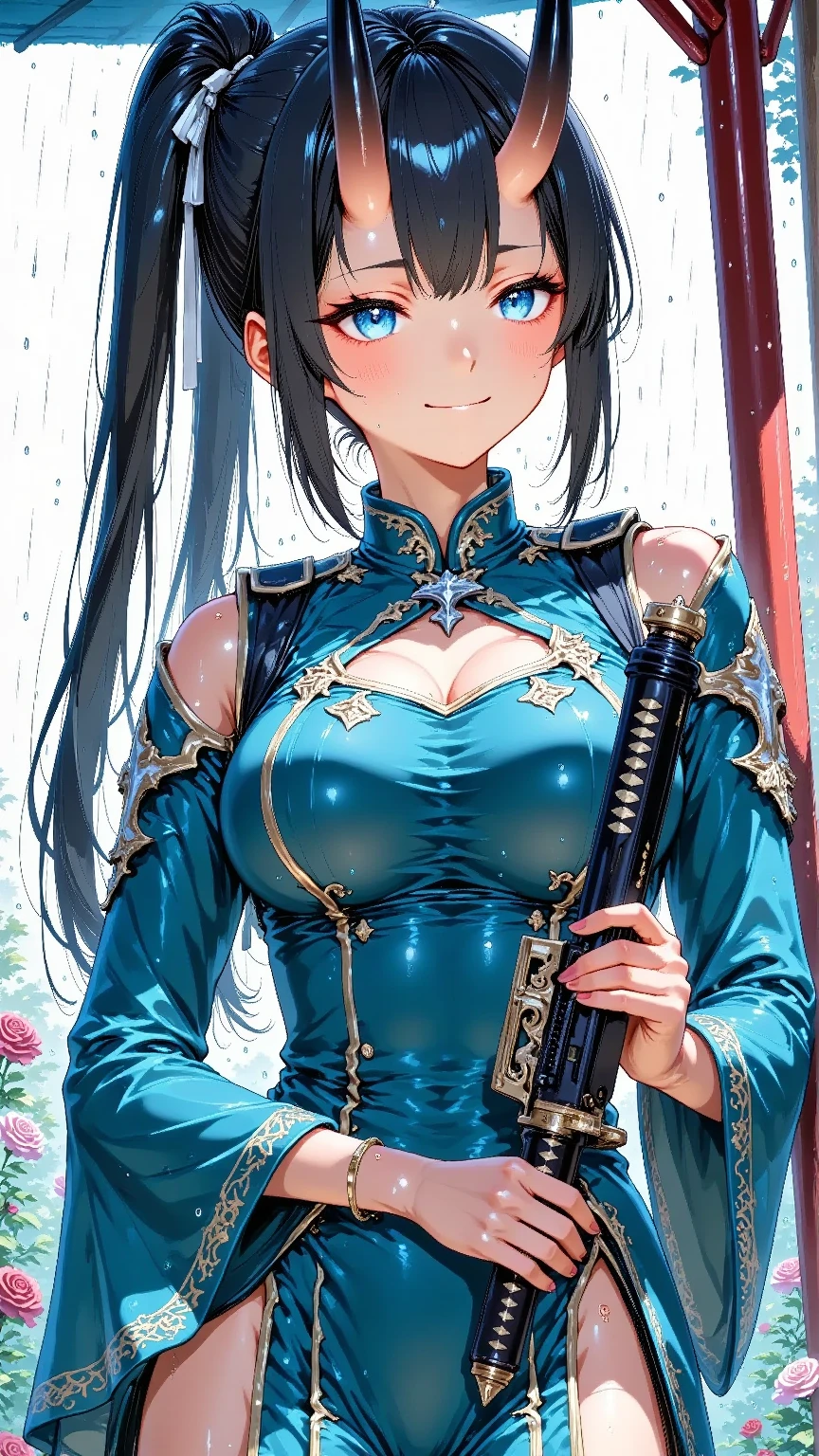 ((Princess Warrior) ((Saito Dosan)), (Female), (Saito Dosan Female) (Big Breasts) (Black Hair,) ((Right Side Ponytail)), (Armor) (Alluring Smile), ((Adult Woman))(４０歳)