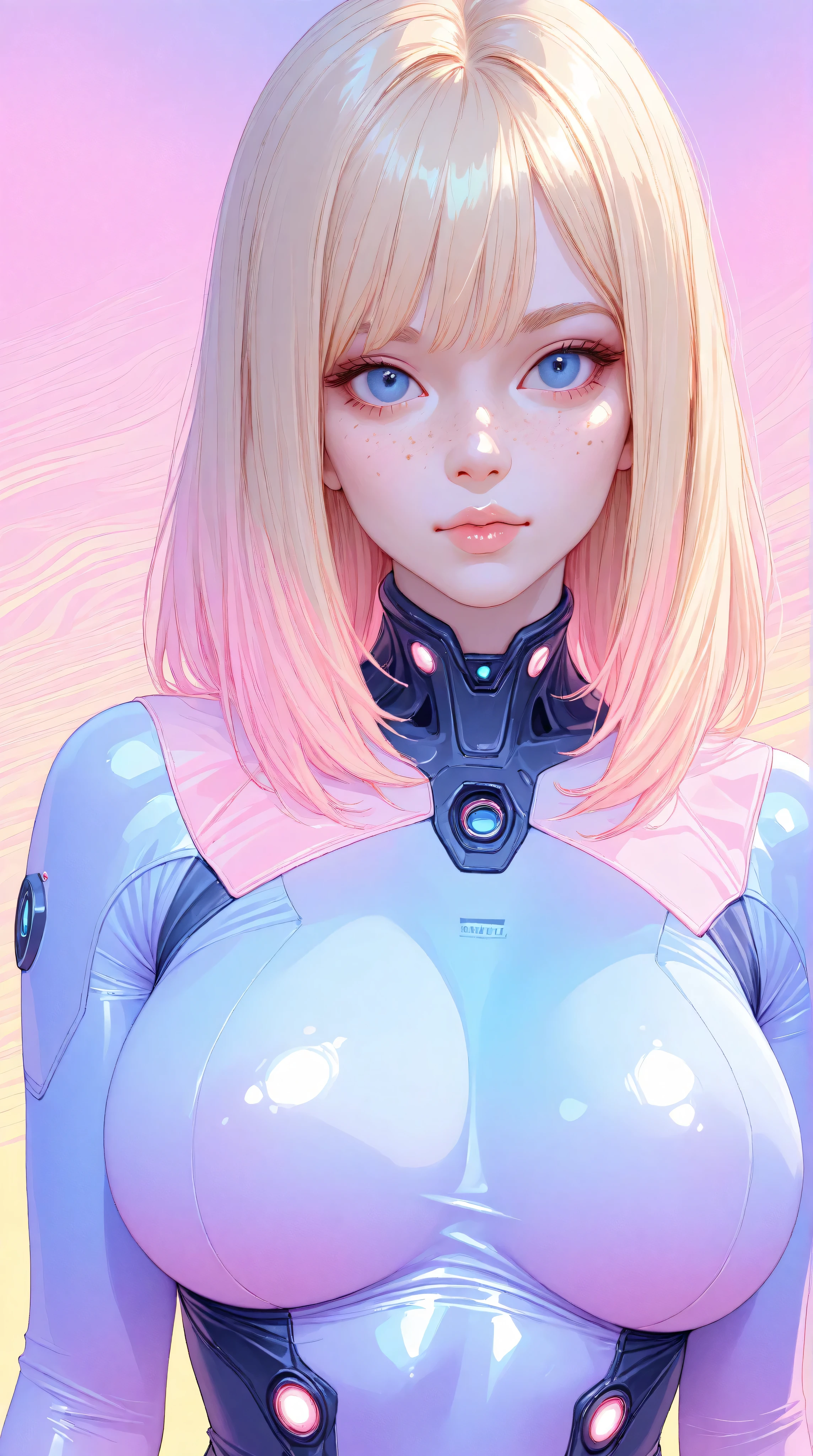 high-resolution, realistic, a woman, big breasts, blonde hair, freckles, blue eyes, skin-tight bodysuit, camel toe, pastel colors, futuristic, detailed eyes, shadows, dark light, looking at viewer, upper body, no background, colorful pastel background,
