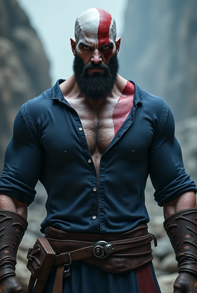8k, masterpiece, best quality, realistic, higly detailed, cowboy shot, 1boy, solo, Fuutarou, young man, fair skin, black hair, bowl cut, two strands sticking up from the back of his head, bangs that cover his forehead, blue eyes, slim physique, tall build, tends to slouch, serious expression, scary and thuggish vibe, bad guy, God of War