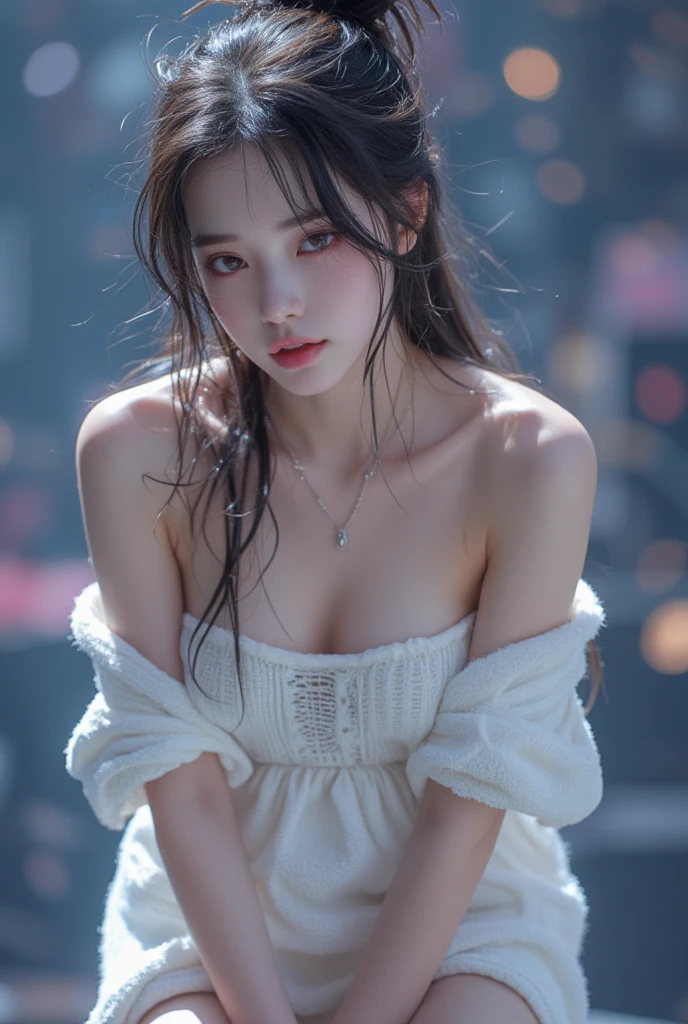 s whole body, (realisitic:1.4), 8K UHD, Top Quality, The ultra-Highres, Unique Backgrounds, clouds, Dark and very dark., Building lights are lighting up the night., wind:1.3, (Wearing a crop top and a short skirt), (images:1.1), kpop-idol, (Beautiful girl in Korea), (Mixed Korean), (Pretty lips:1.1), (eyeslashes:1.1), (happiness:1.21), (deeply:1.1), (Neat makeup), (Clear facial skin: 1.2), (Glowing skin), (Big breasts),